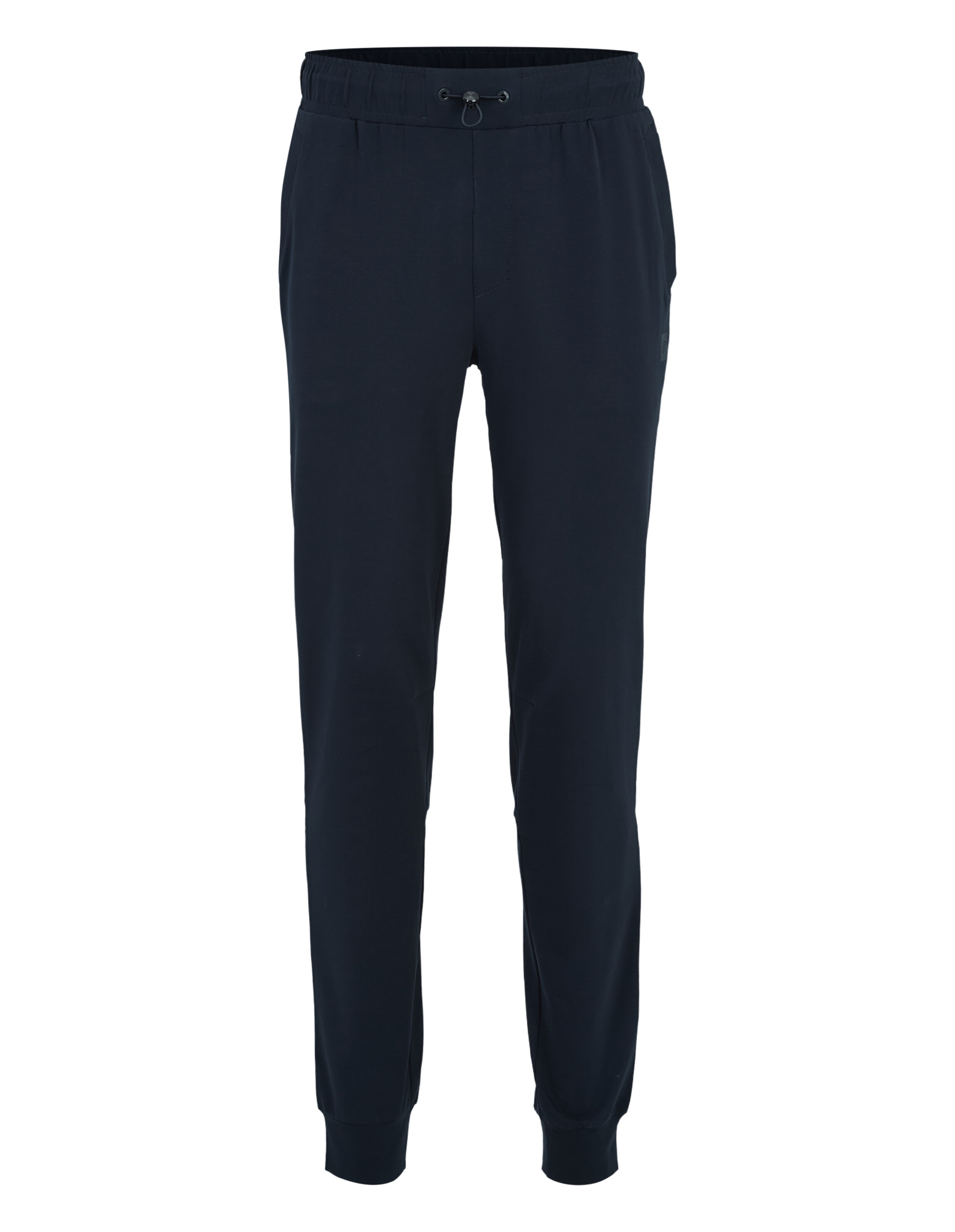 Dunkelblaue Jogginghose mit elastischem Bund, Kordelzug und gerippten Bündchen, schlicht und bequem für Freizeit oder Sport geeignet.