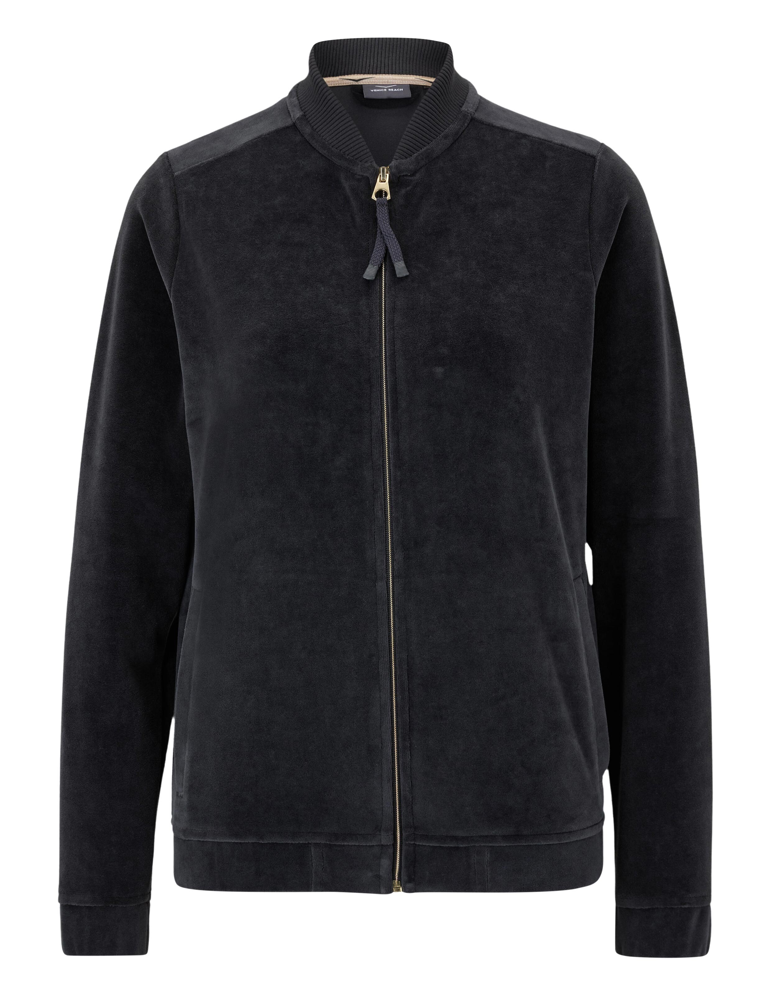Schwarze Velours-Bomberjacke mit Reißverschluss und geripptem Kragen für gemütliche Freizeitkleidung.
