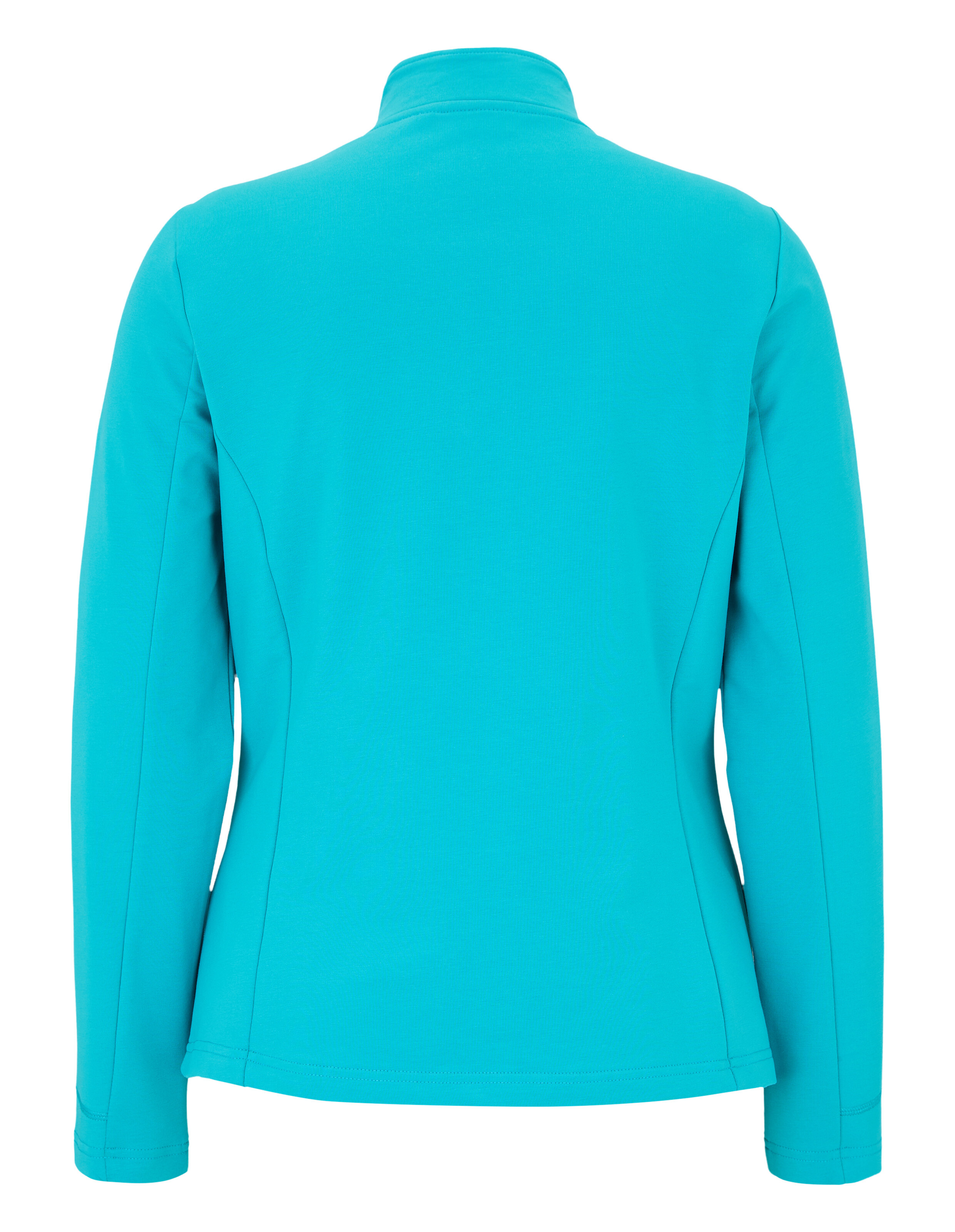 Rückansicht einer türkisen Langarm-Freizeitjacke für Damen.