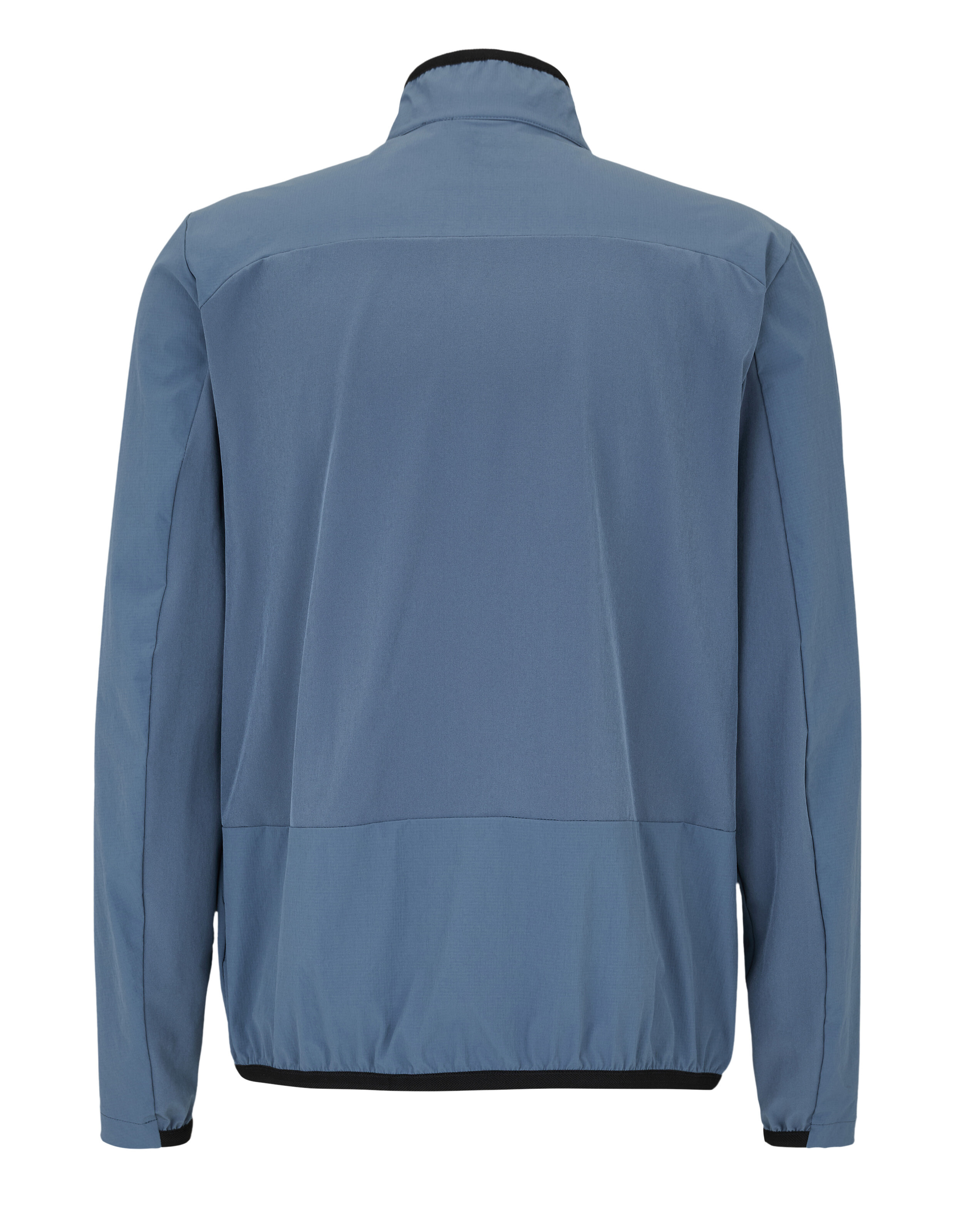 Eine blaue Jacke mit schwarzem Kragenrand und Bündchen, die vorne geschlossen ist.