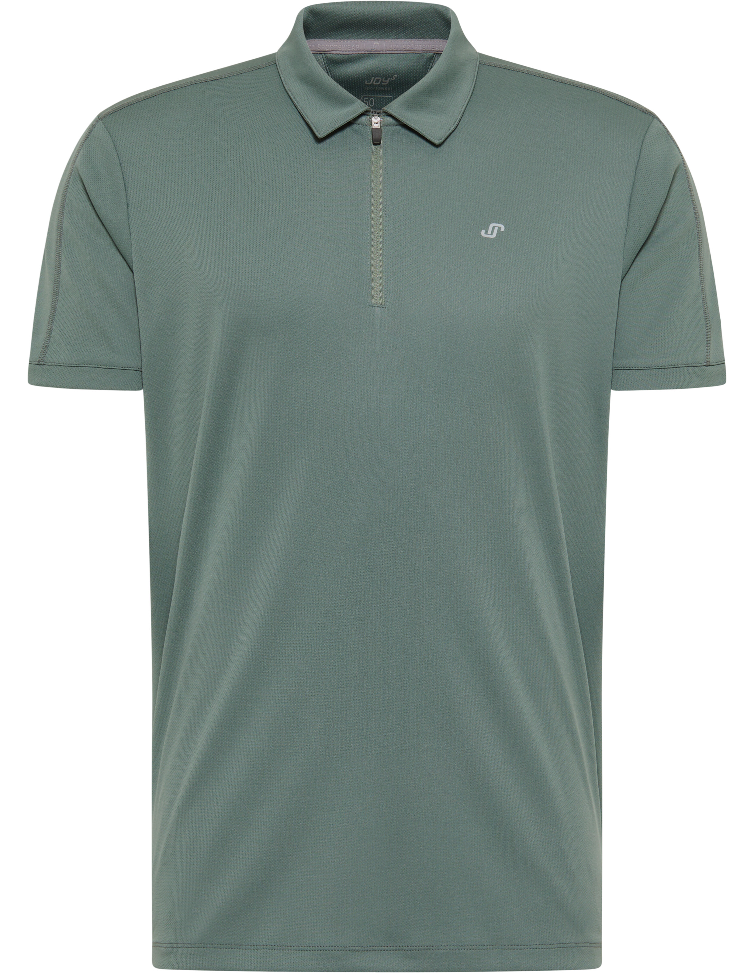 Grünes Poloshirt mit Reißverschluss am Kragen, kurzen Ärmeln und kleinem Logo auf der linken Brustseite.