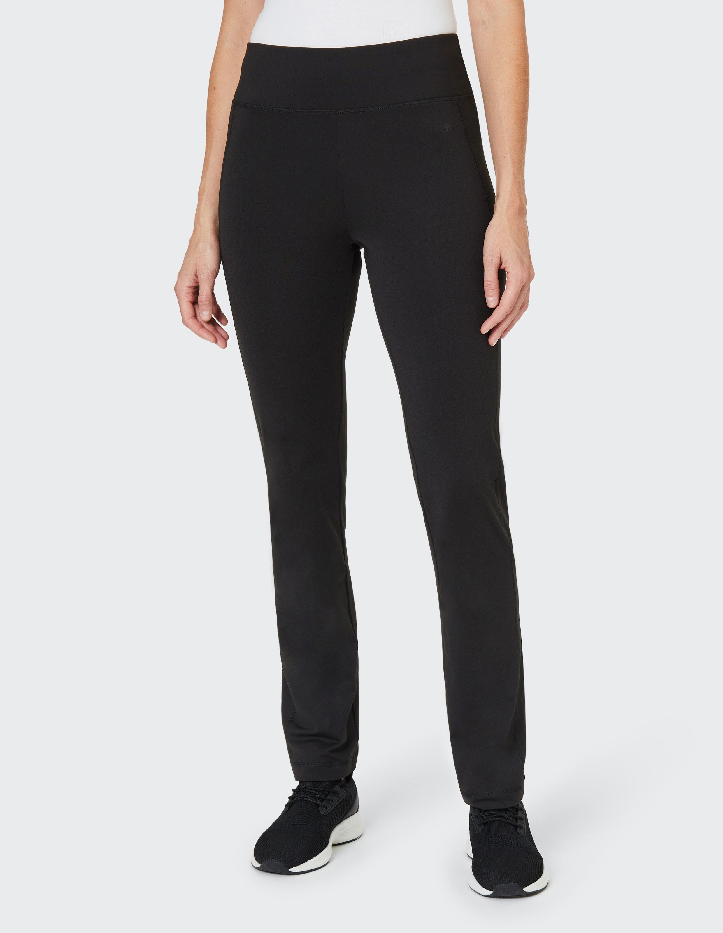 Schwarze Yogahose mit hohem Bund und leicht ausgestelltem Bein, aus weichem Material für optimalen Komfort und Flexibilität.