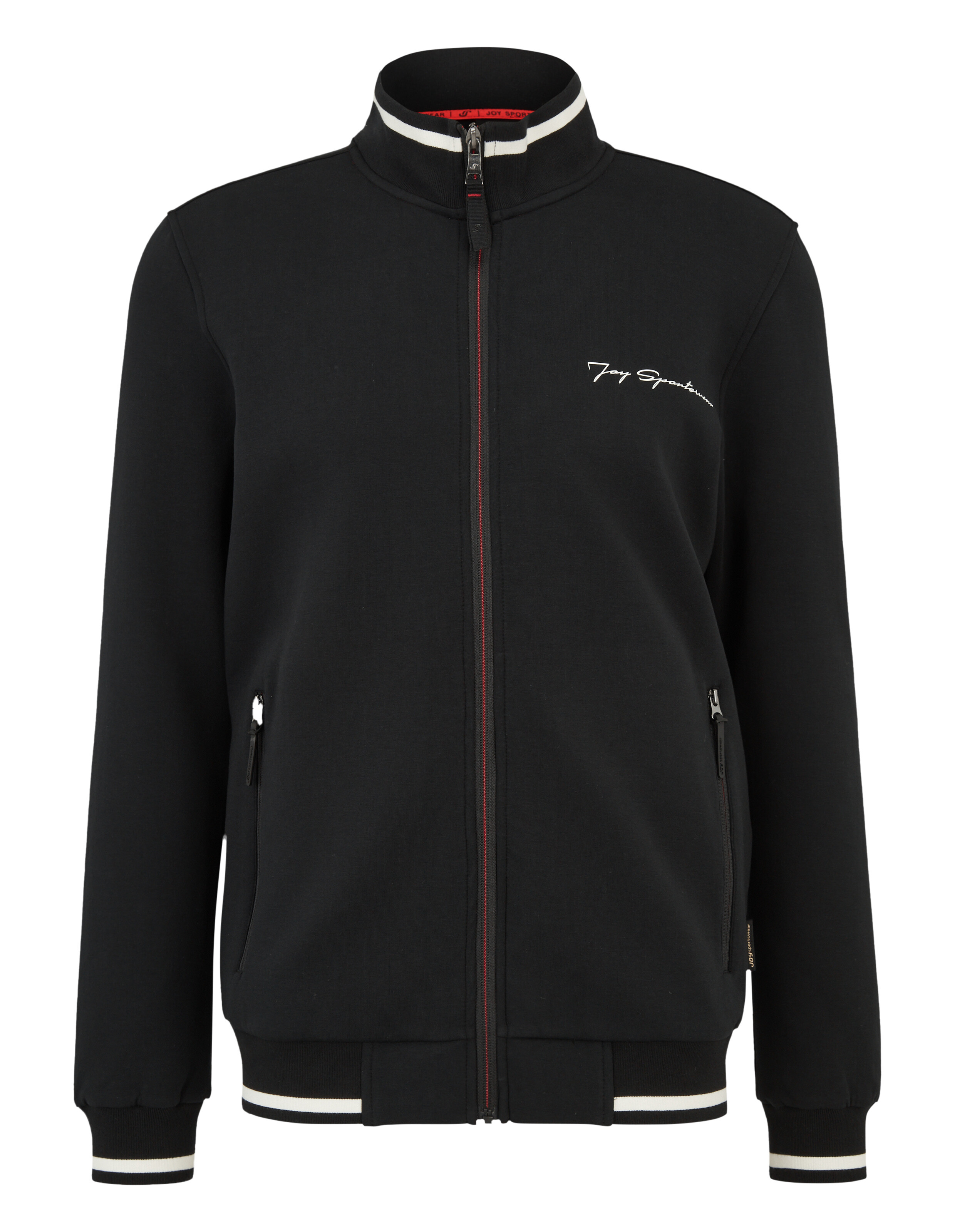 Schwarze Trainingsjacke mit weißen Streifen an Kragen und Bündchen, rotem Reißverschluss und Stickerei links auf der Brust.