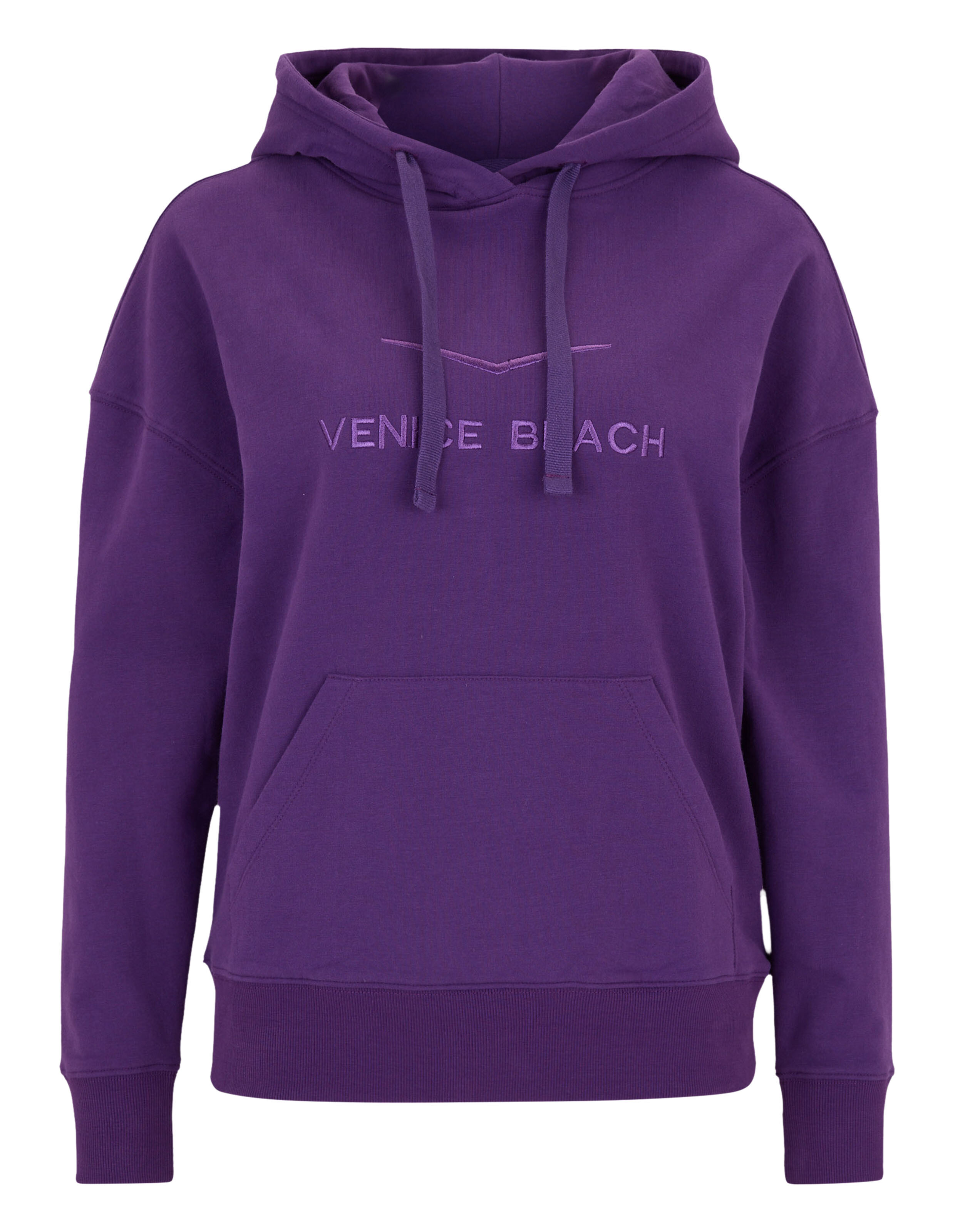 Gemütlicher lilafarbener Venice Beach Kapuzenpullover mit Kapuze, Kordelzug und Vordertasche für Freizeitkleidung.