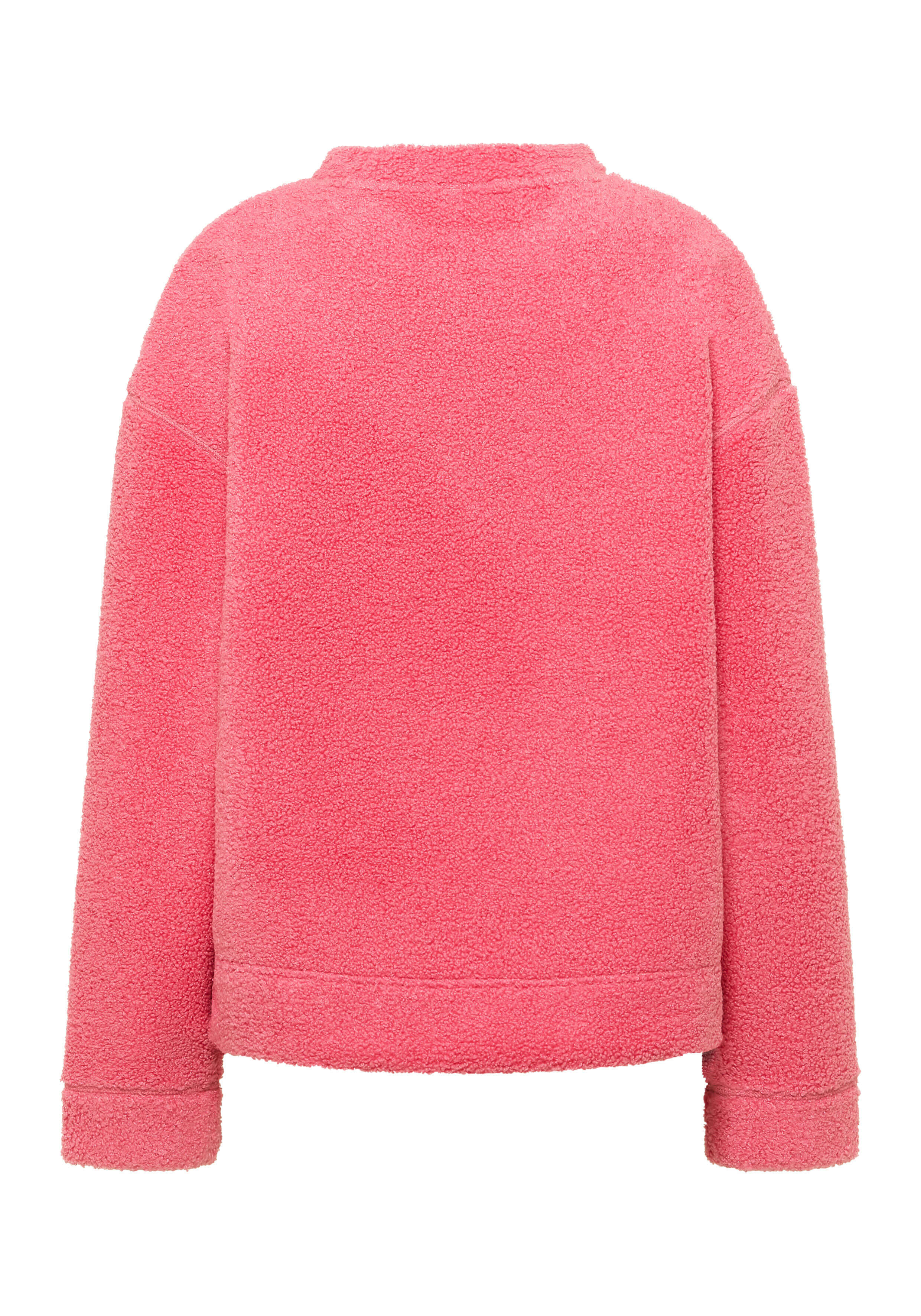 Rückansicht eines kuscheligen rosa Teddyfleece-Sweatshirts für lässige Lounge-Kleidung.