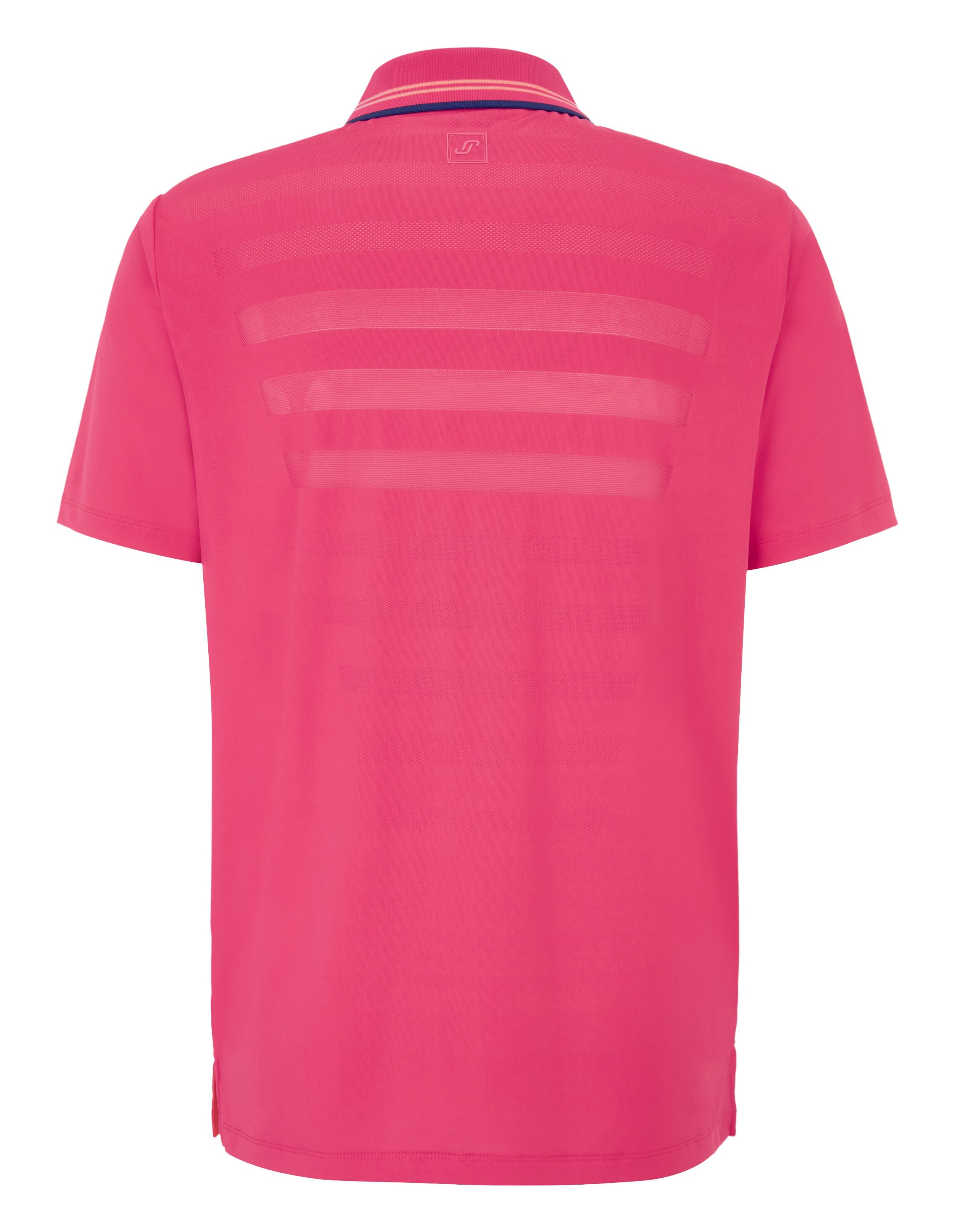 Rückansicht eines rosa Kurzarm-Poloshirts mit gestreiften Kragendetails.