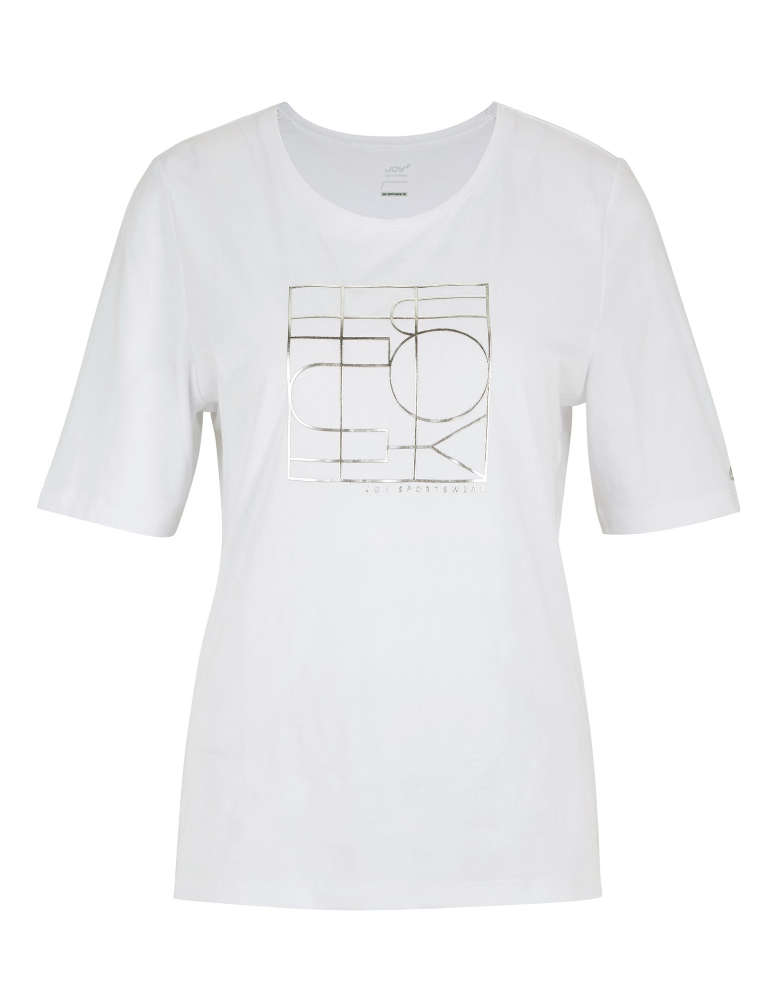Weißes, lässiges T-Shirt mit kurzen Ärmeln und metallischem Grafikdesign.