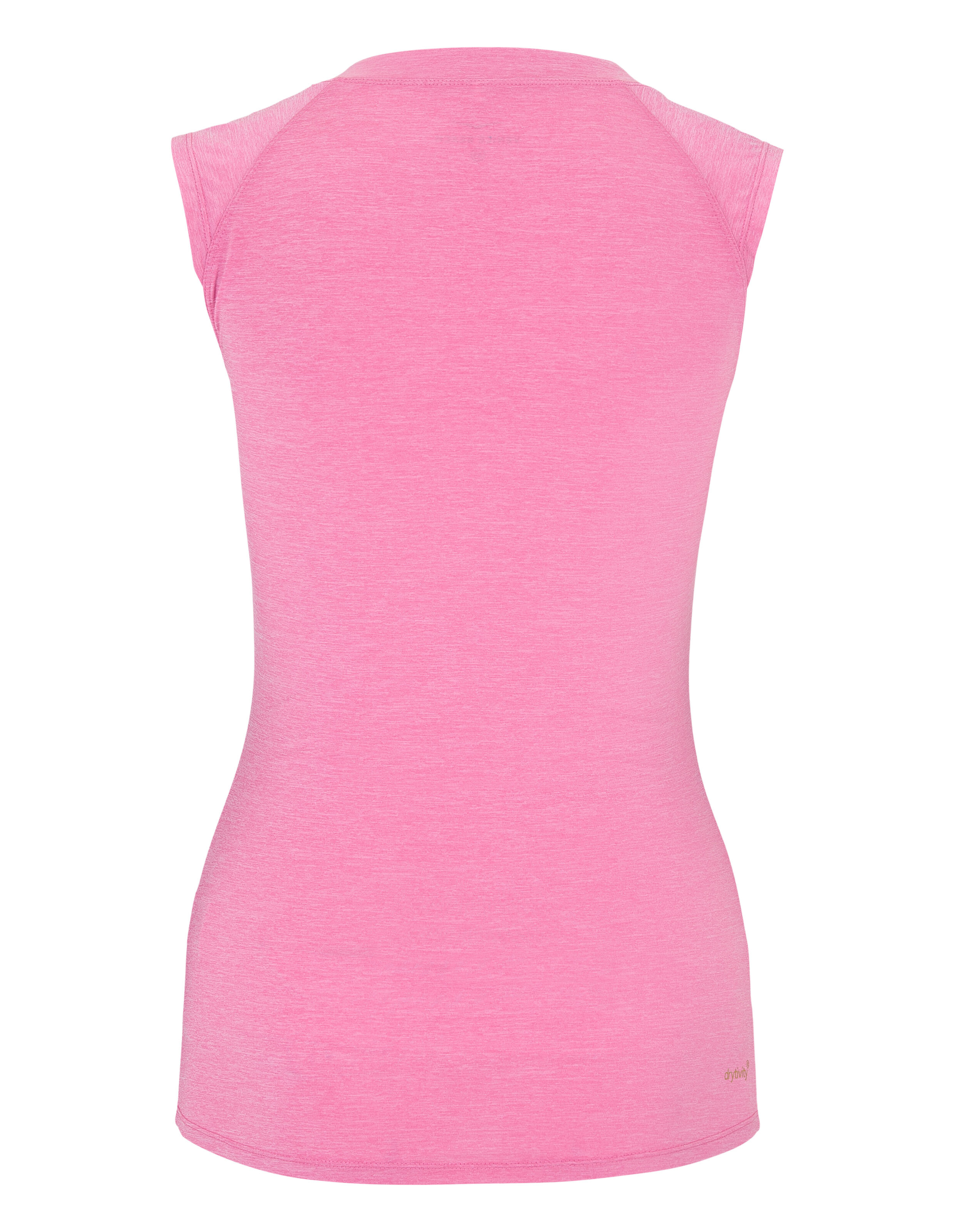 Rückansicht eines taillierten rosa ärmellosen Oberteils, perfekt für Freizeitkleidung.