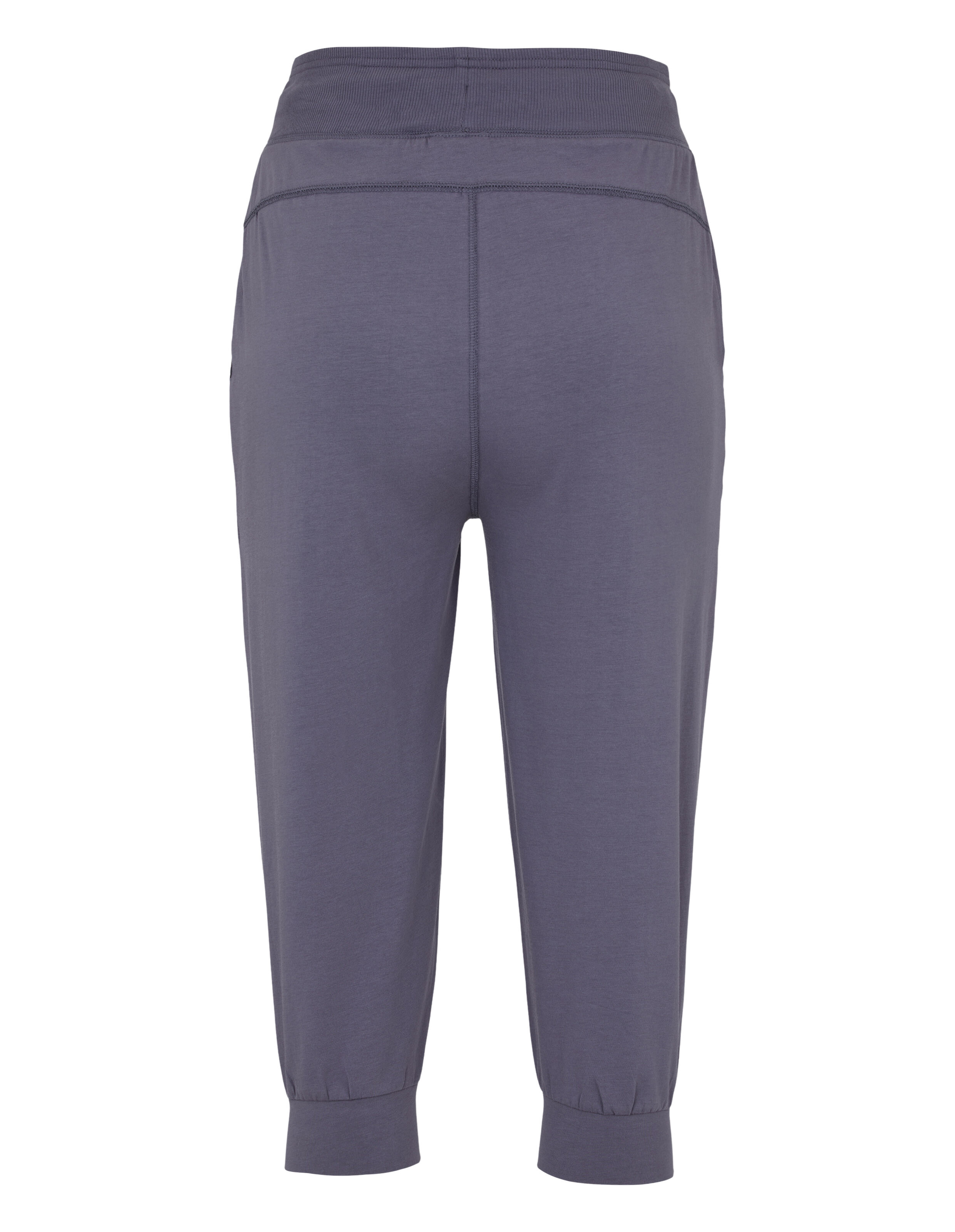 Rückansicht einer dunkelgrauen, lässigen Lounge-Caprihose mit bequemem elastischem Bund.