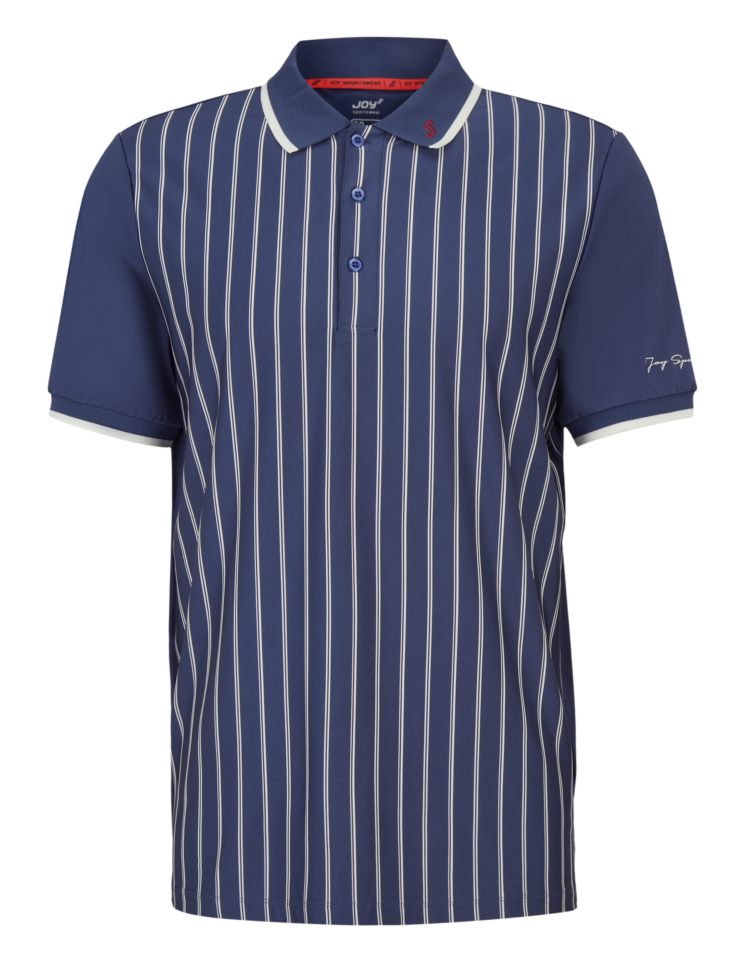 Marineblau gestreiftes Poloshirt mit klassischem Kragen und Knopfleiste.