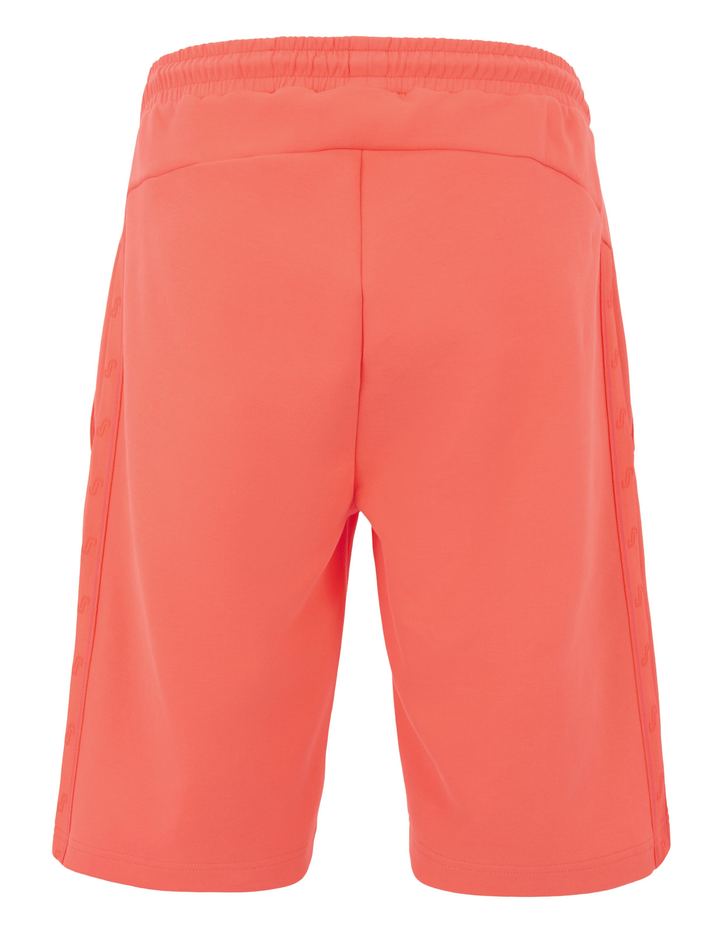 Rückansicht einer lässigen Koralle-Shorts mit elastischem Bund und seitlichen Knöpfen.