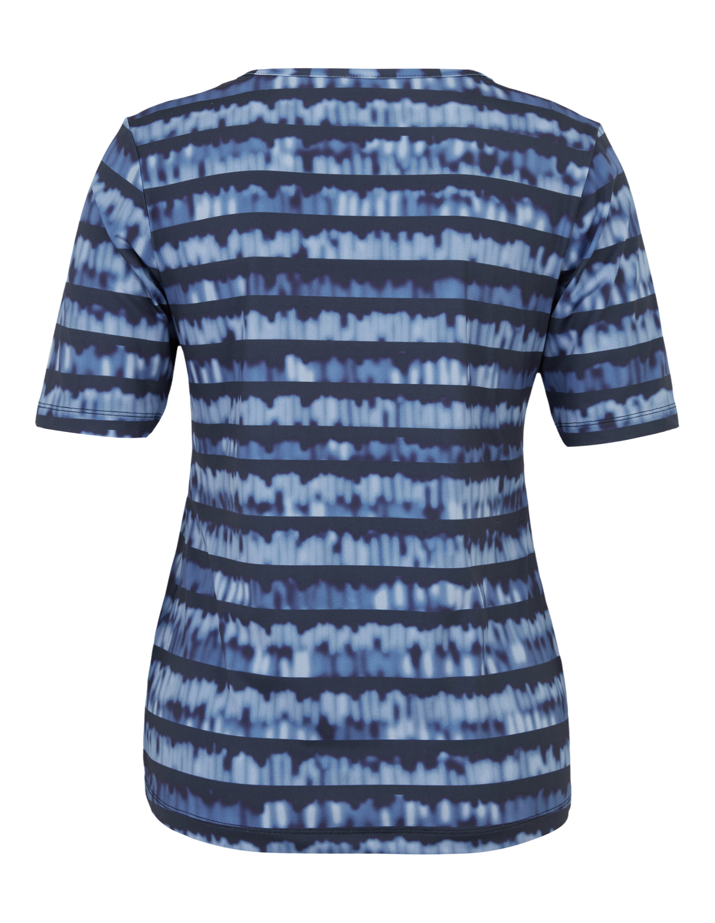 Blau und weiß gestreiftes T-Shirt mit kurzen Ärmeln und rundem Ausschnitt, aus leichtem Material in welligem Muster.