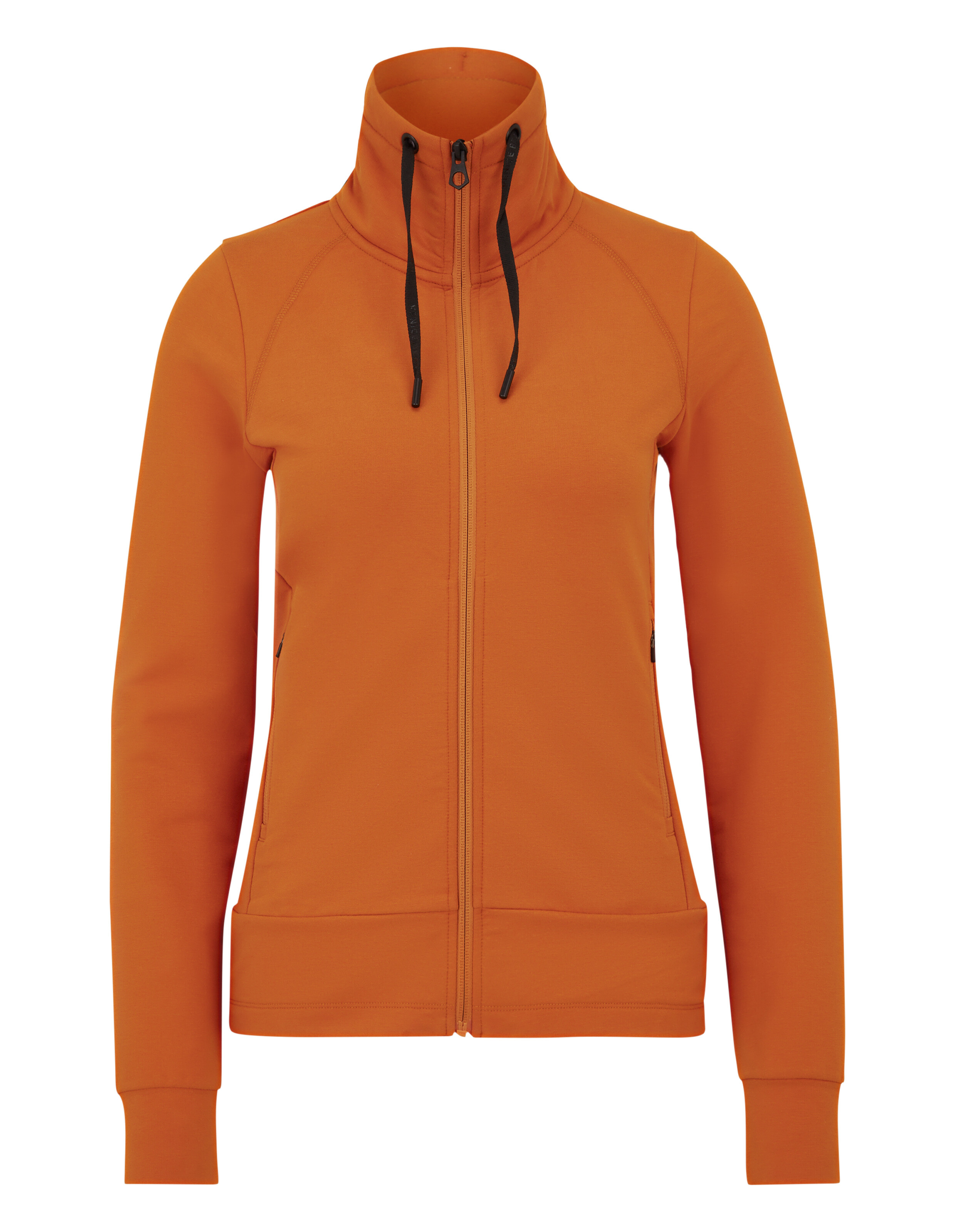 Orangefarbenes Sweatshirt mit Reißverschluss, hohem Kragen und schwarzen Kordeln für lässige Loungewear.