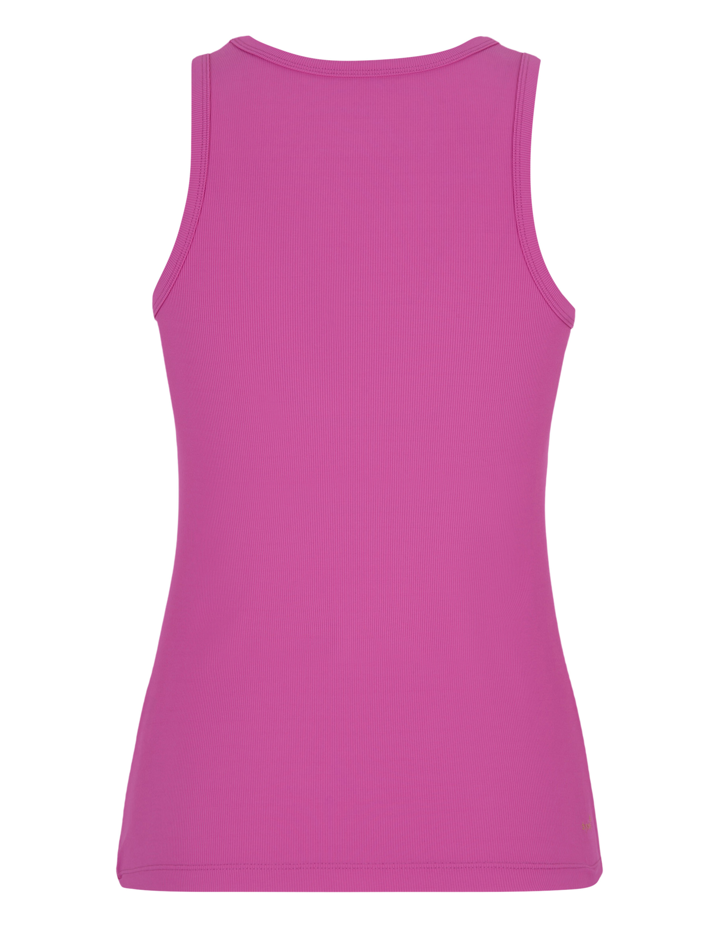 Rückansicht eines rosafarbenen, gerippten Tanktops, perfekt für Freizeitkleidung und zum Faulenzen.