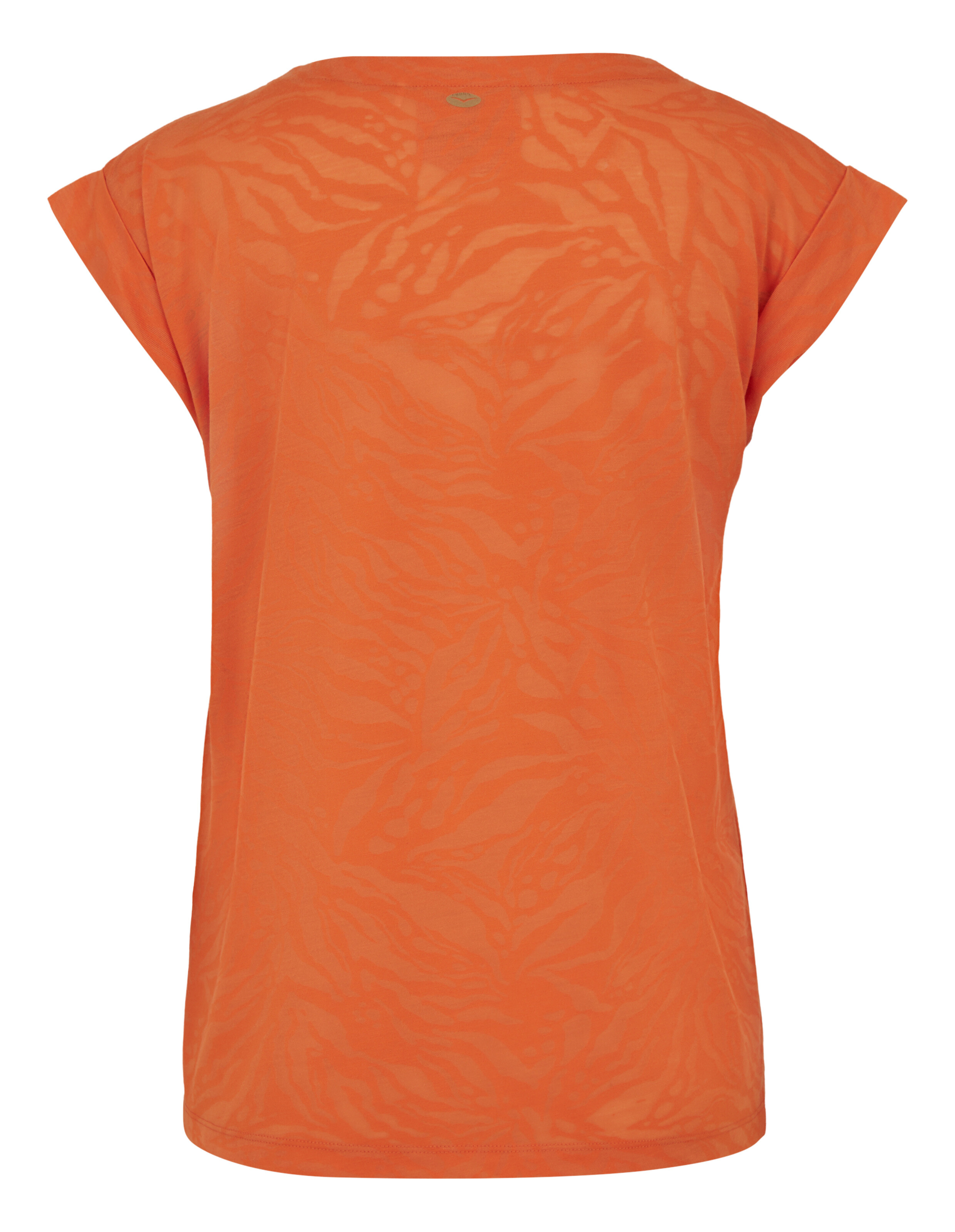 Rückansicht des orangefarbenen Venice Beach Tirara Kurzarmhemds mit dezentem Animal-Print.
