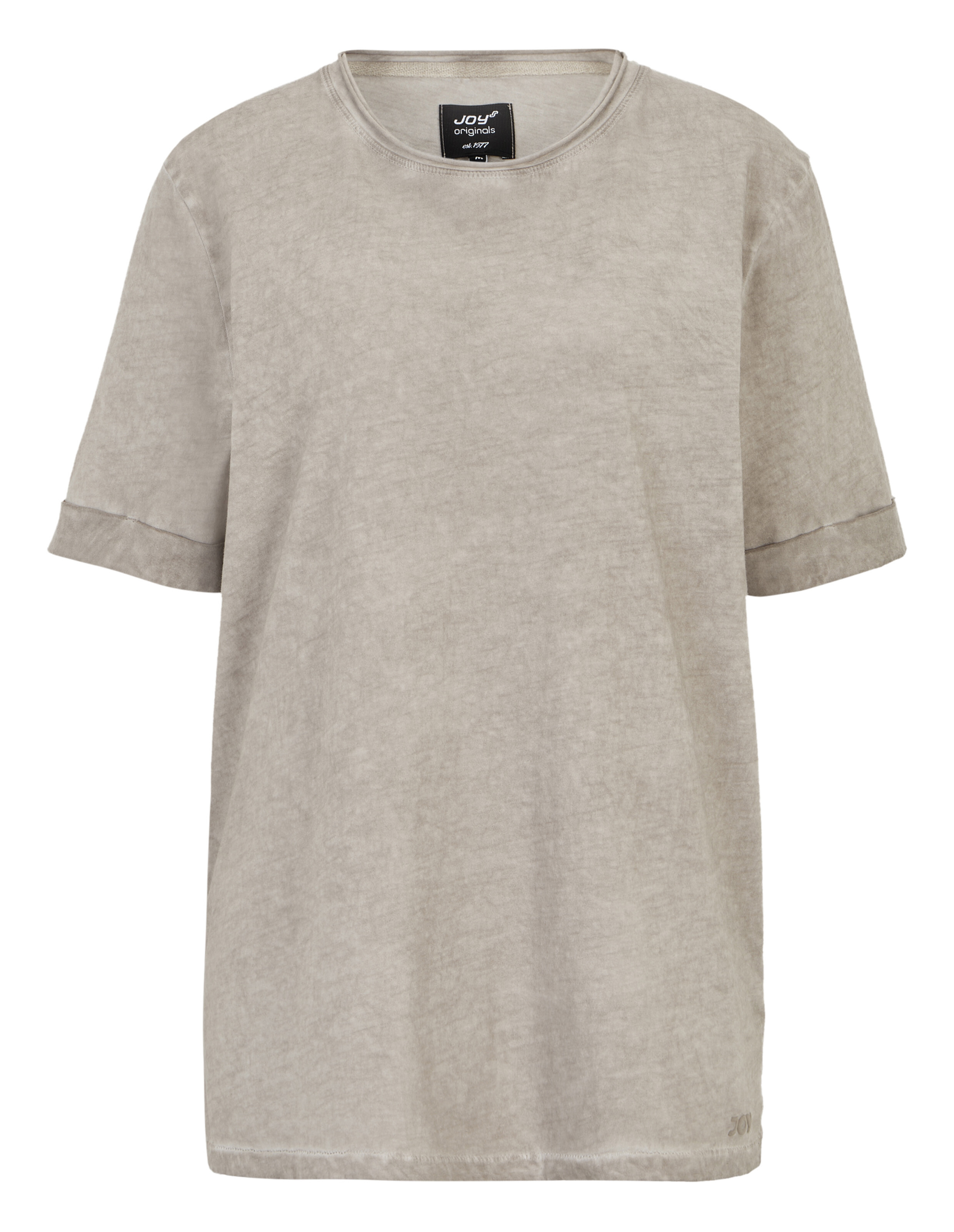 Beiges, lässig geschnittenes T-Shirt mit kurzen Ärmeln und Rundhalsausschnitt, aus meliertem Stoff, mit schwarzem Nackenlabel.