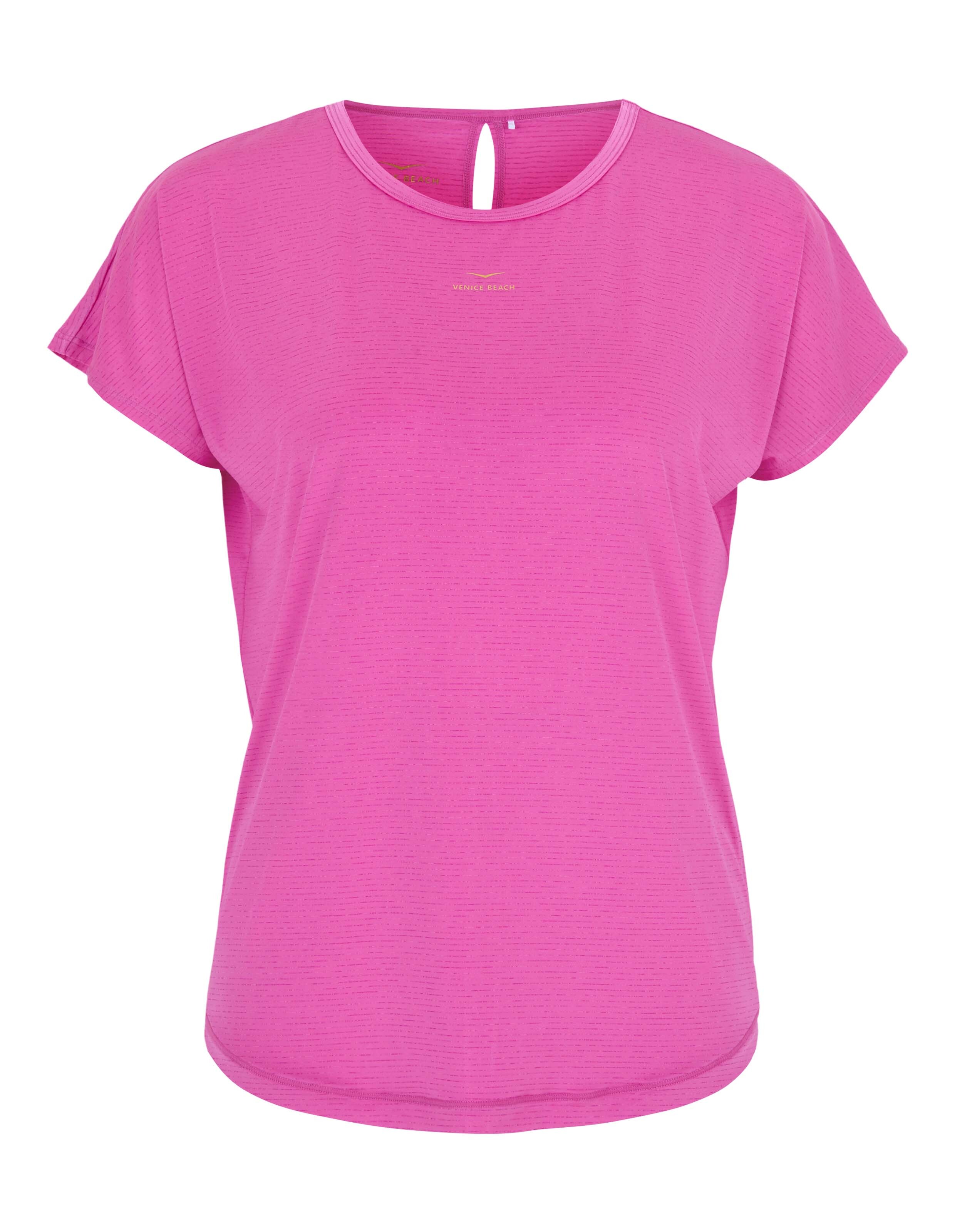 Rosafarbenes, lässiges T-Shirt mit Schlüssellochausschnitt am Rücken und kurzen Ärmeln, perfekt zum Entspannen.
