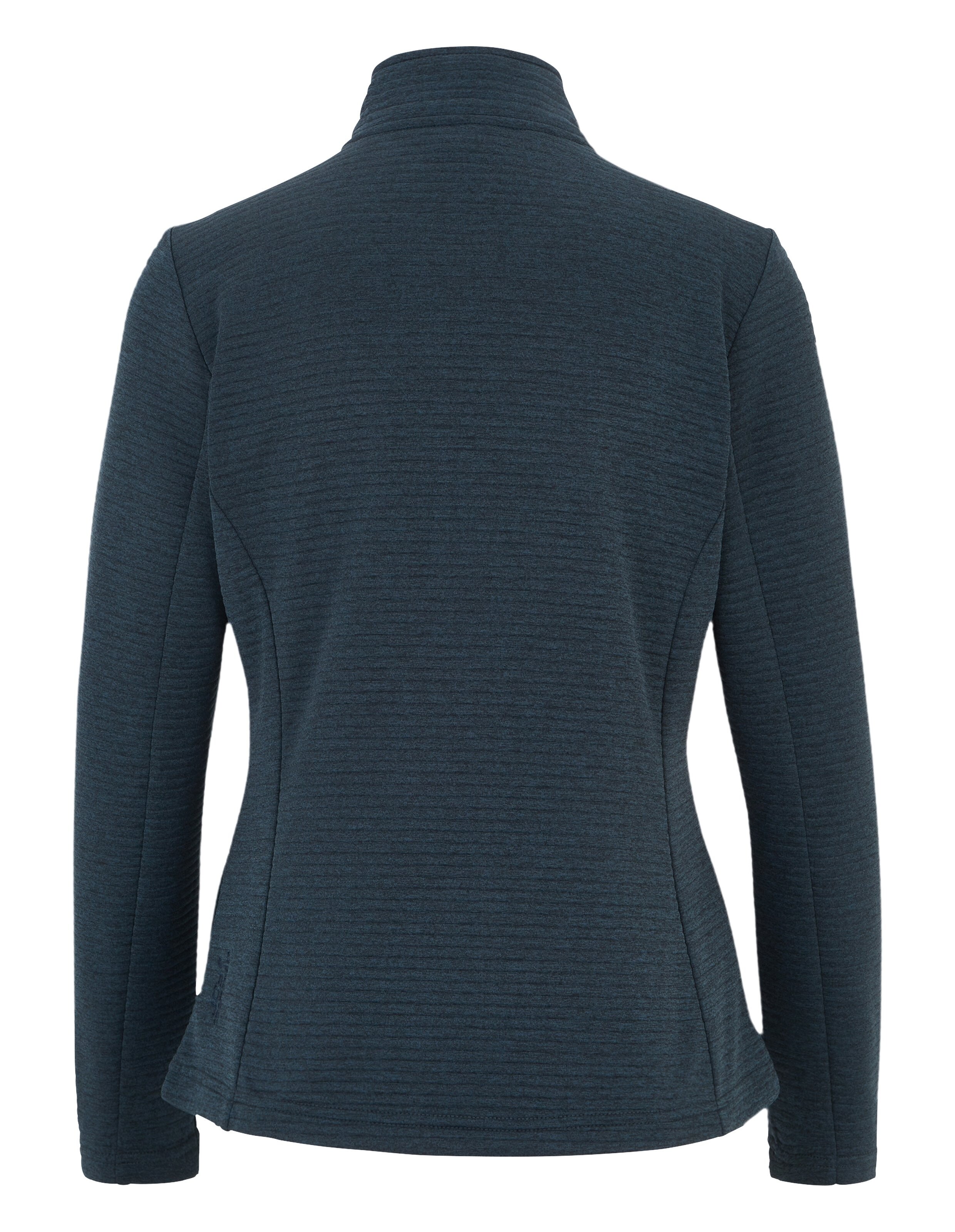 Dunkelblauer Fleece-Pullover mit hohem Kragen und langen Ärmeln, von hinten gesehen, mit dezenter horizontaler Struktur.