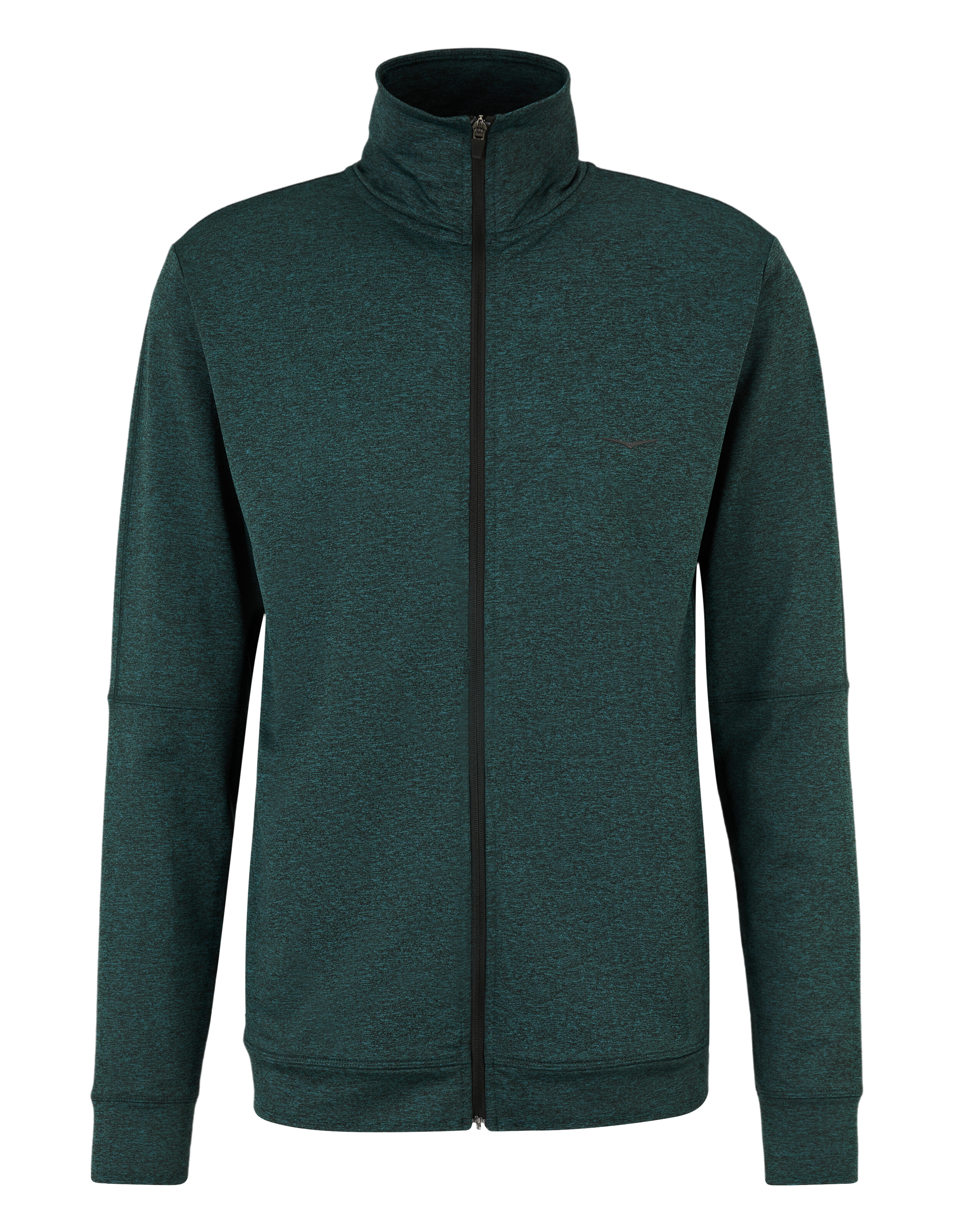Herrenjacke mit Reißverschluss in dunklem Blaugrün, hohem Kragen und weichem Stoff.