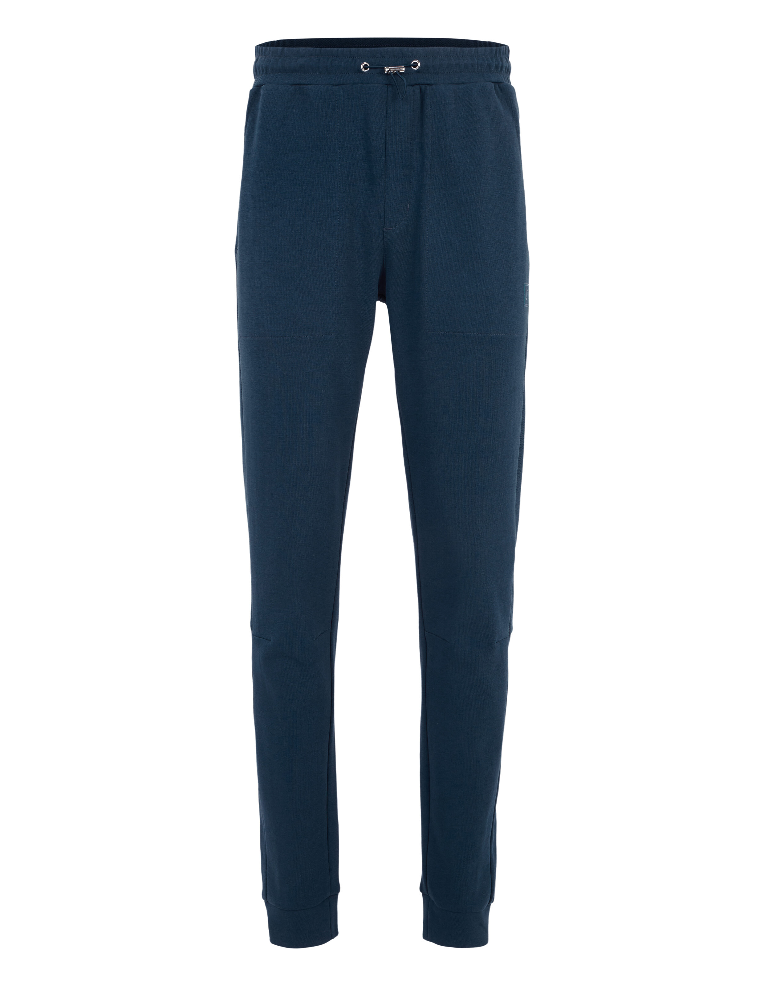 Dunkelblaue Jogginghose mit elastischem Bund und Kordelzug, schlichtes Design, geeignet für Freizeit oder Sport.