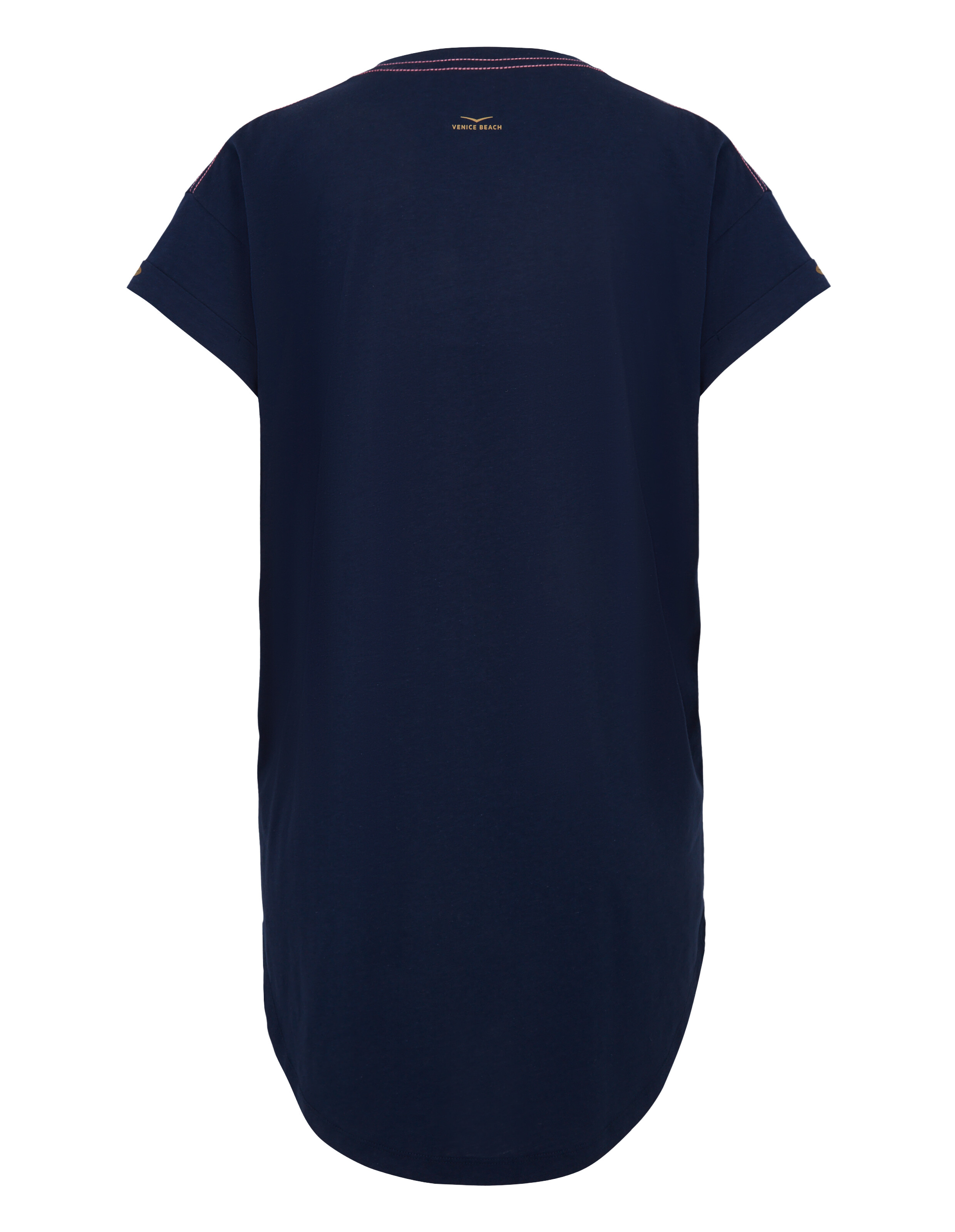 Rückansicht eines dunkelblauen, lässigen T-Shirt-Kleides mit kurzen Ärmeln und abgerundetem Saum.