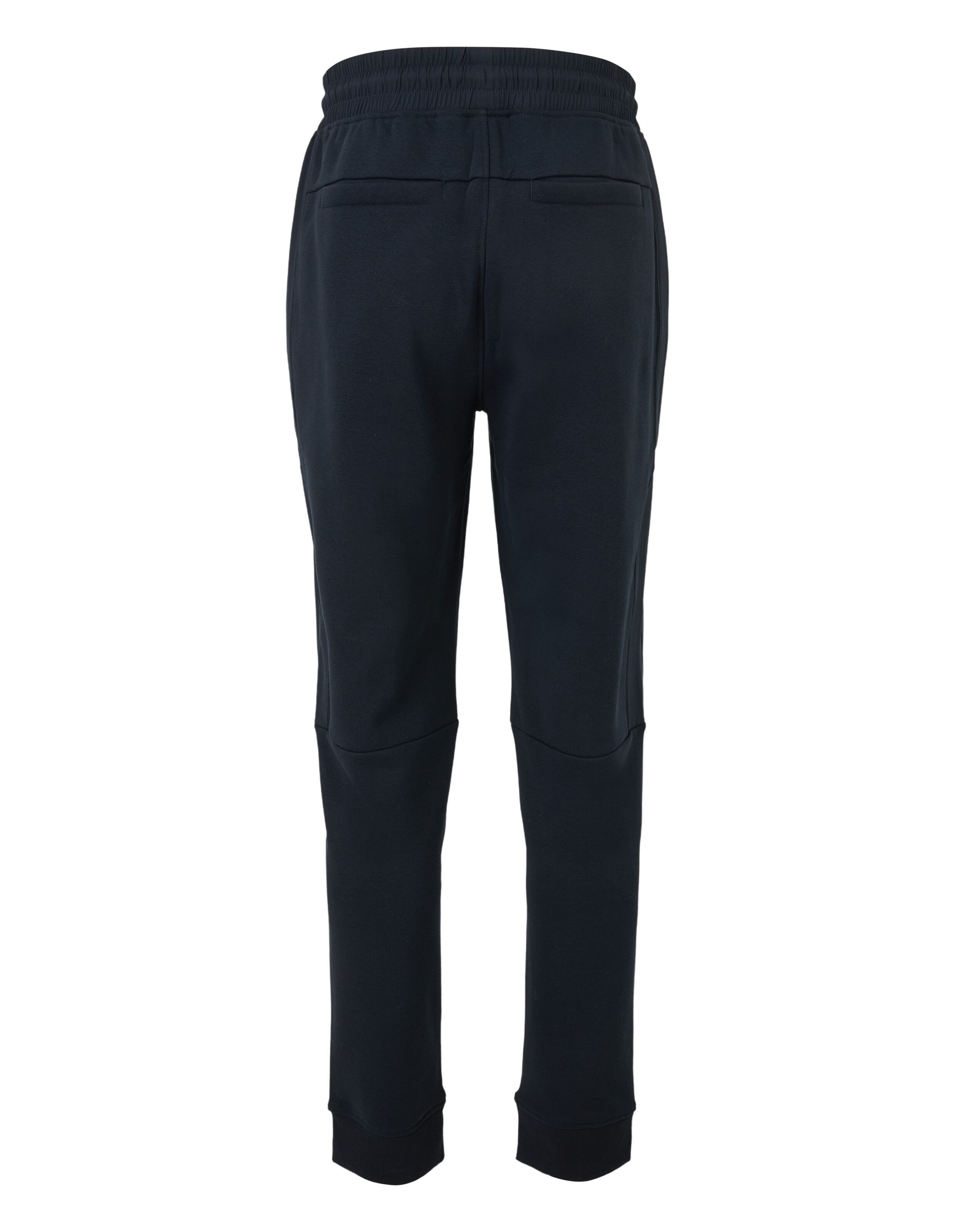 Schwarze Jogginghose von hinten mit elastischem Bund, zwei Gesäßtaschen und Bündchen an den Knöcheln aus weichem Material.