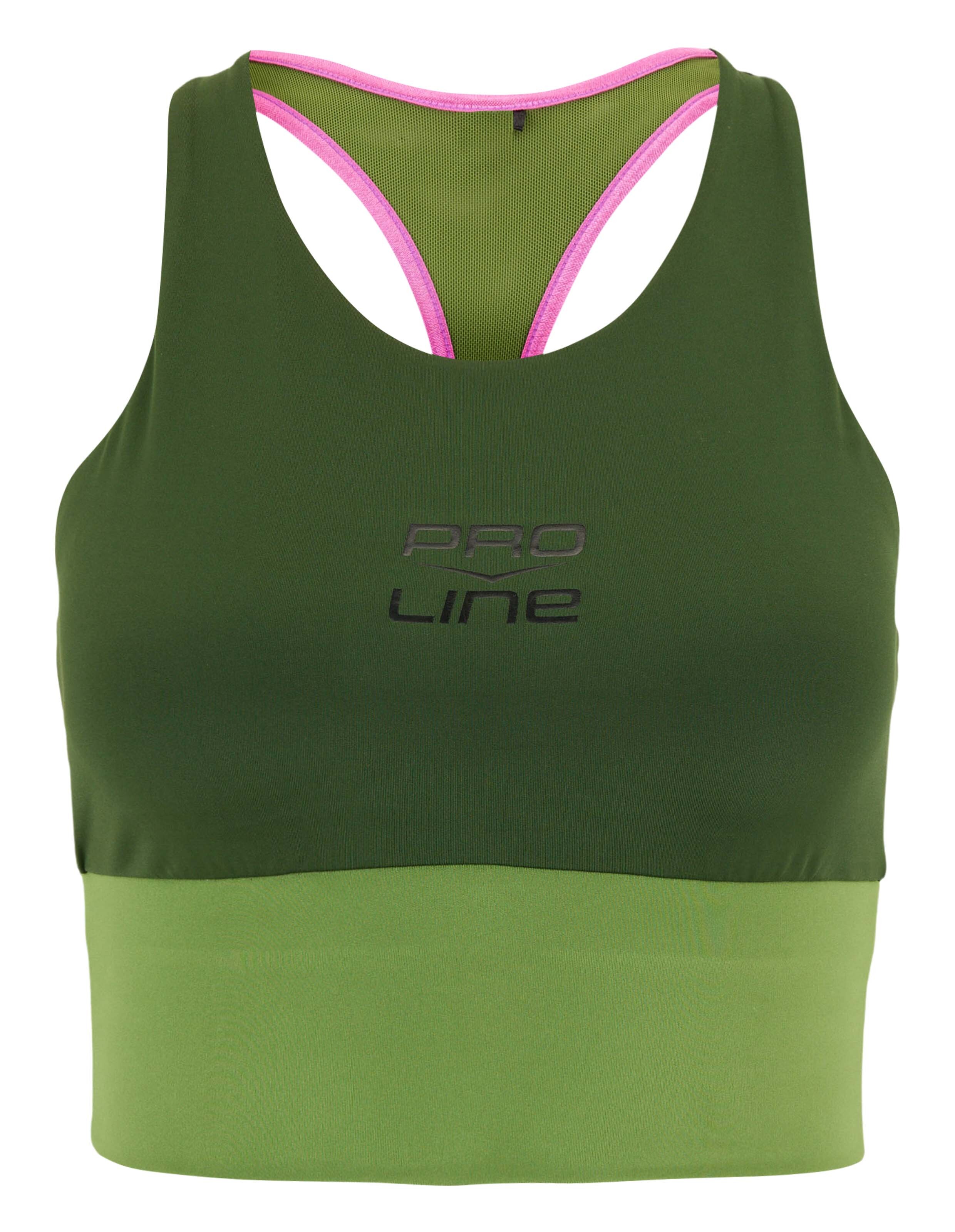 Grünes Sport-Crop-Top mit rosa Akzenten, ideal für ungezwungenes Training und Faulenzen.