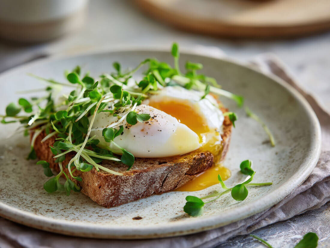 Pochierte Eier auf Vollkorntoast, garniert mit frischen Microgreens.