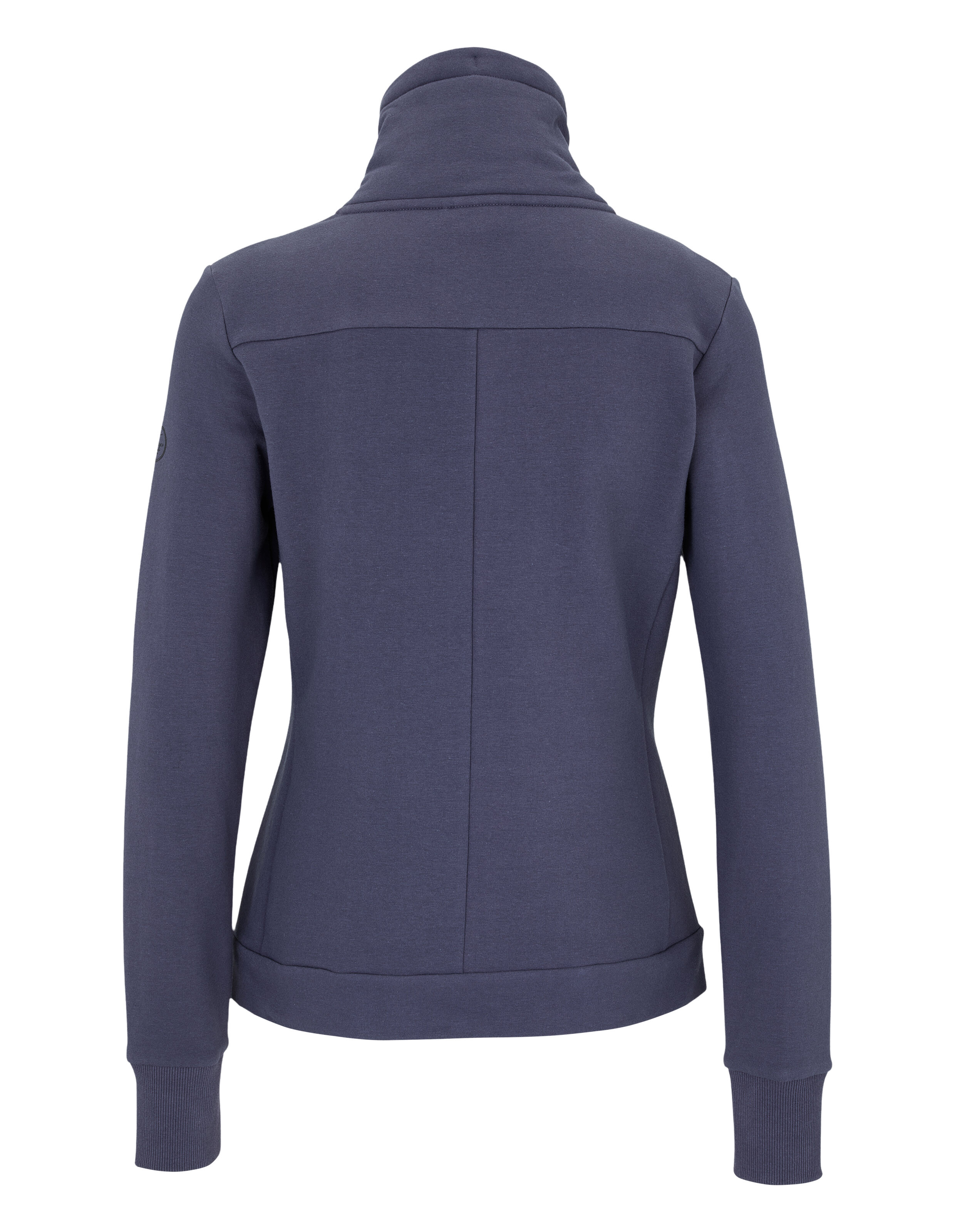 Rückansicht eines gemütlichen dunkelblauen Freizeit-Sweatshirts mit hohem Kragen und gerippten Bündchen.