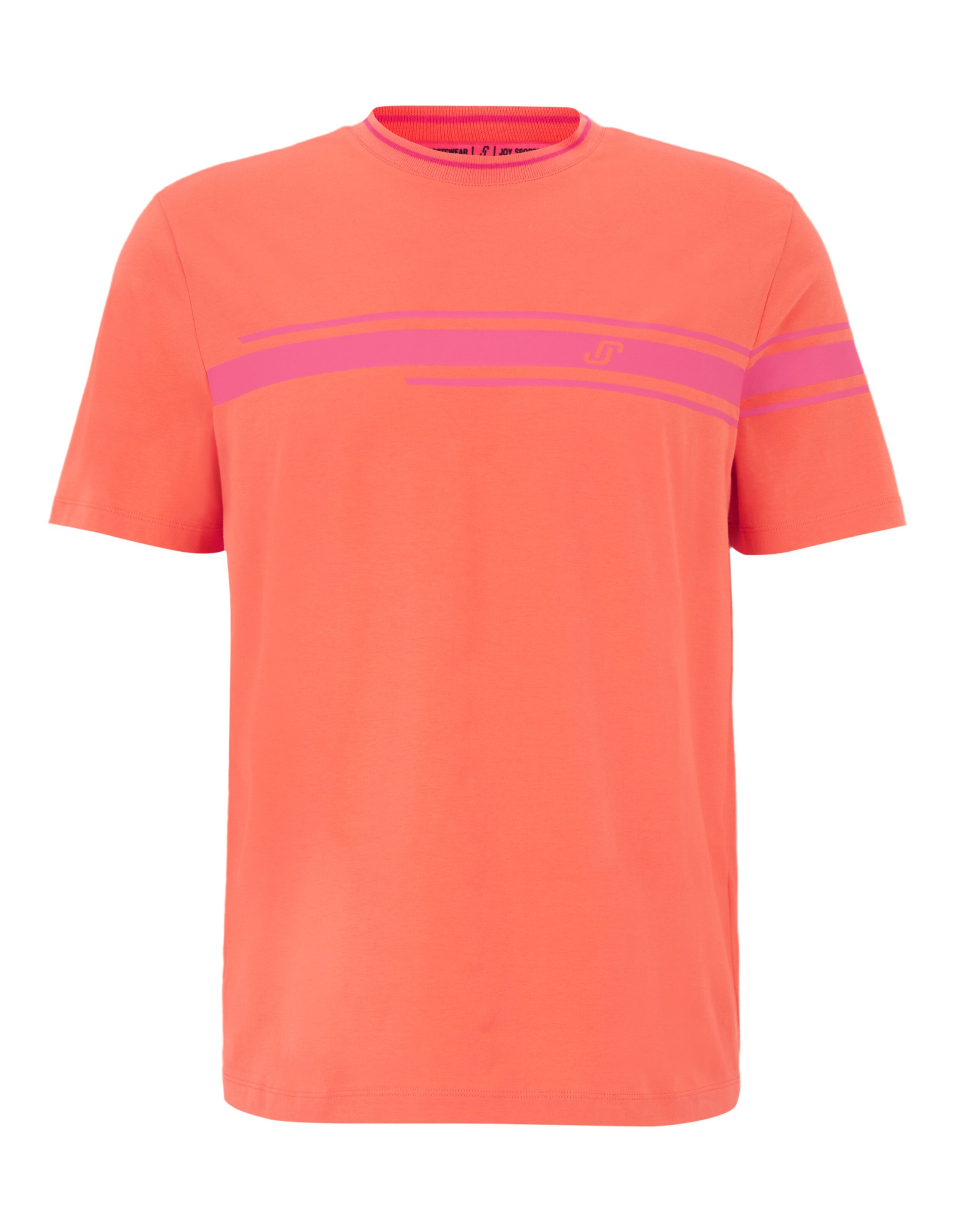 Korallenfarbenes Freizeit-T-Shirt mit rosa Querstreifen und Rundhalsausschnitt für bequemes Tragen im Alltag.