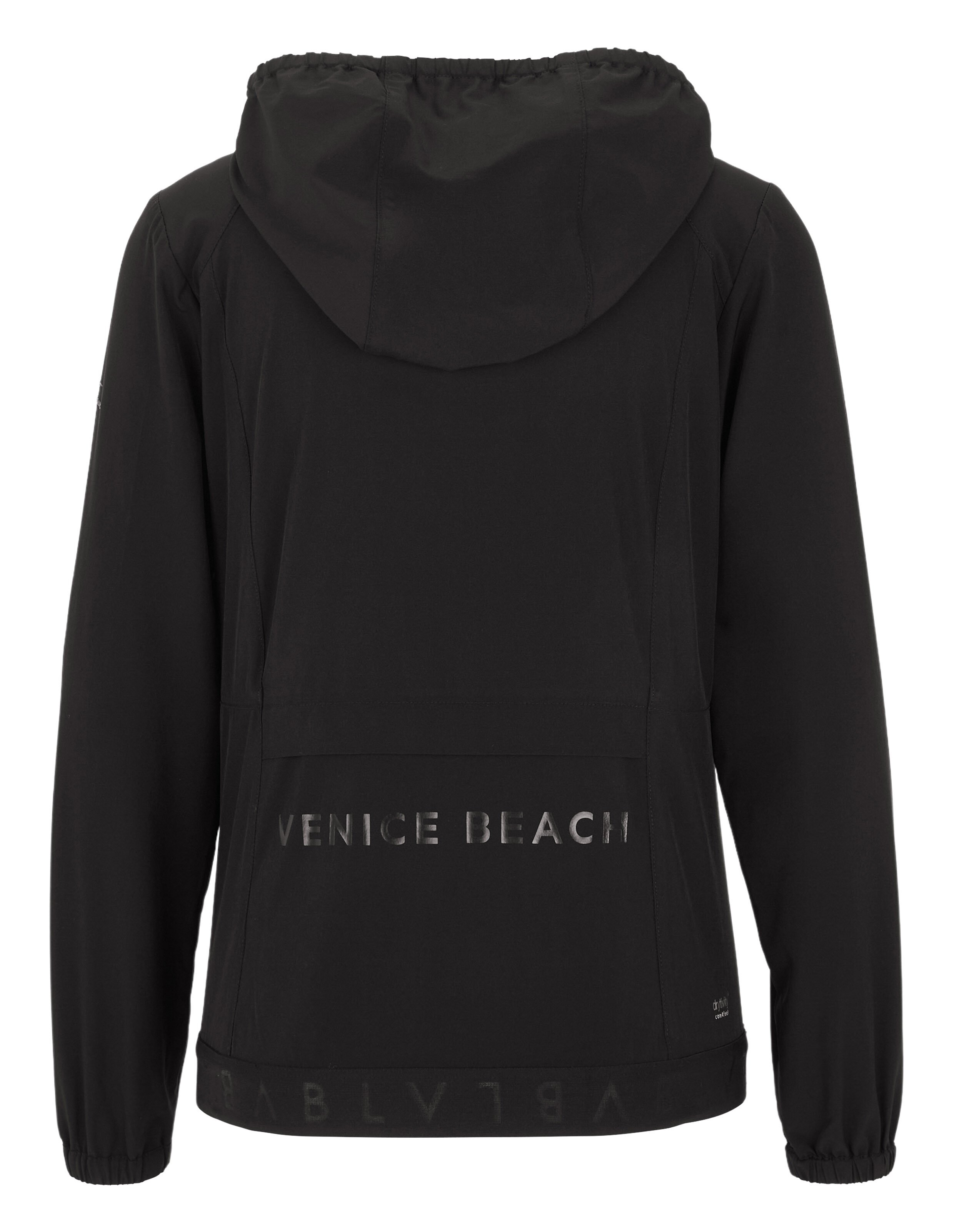 Rückansicht der schwarzen Venice Beach Hazel Funktionsjacke mit Kapuze und Logo.