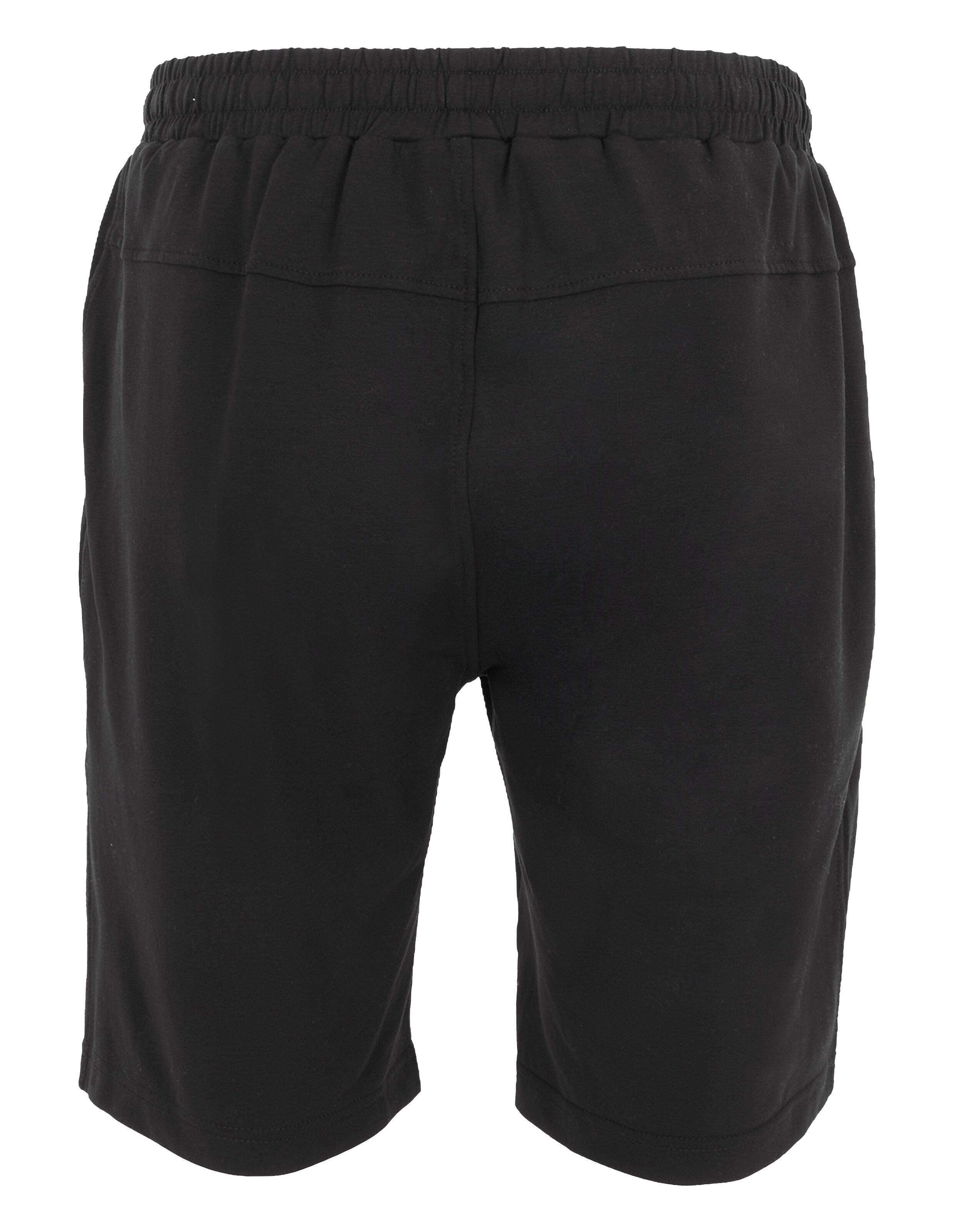 Schwarze Baumwoll-Shorts mit elastischem Bund und seitlichen Reißverschlusstaschen, schlichtes Design ohne sichtbare Logos.