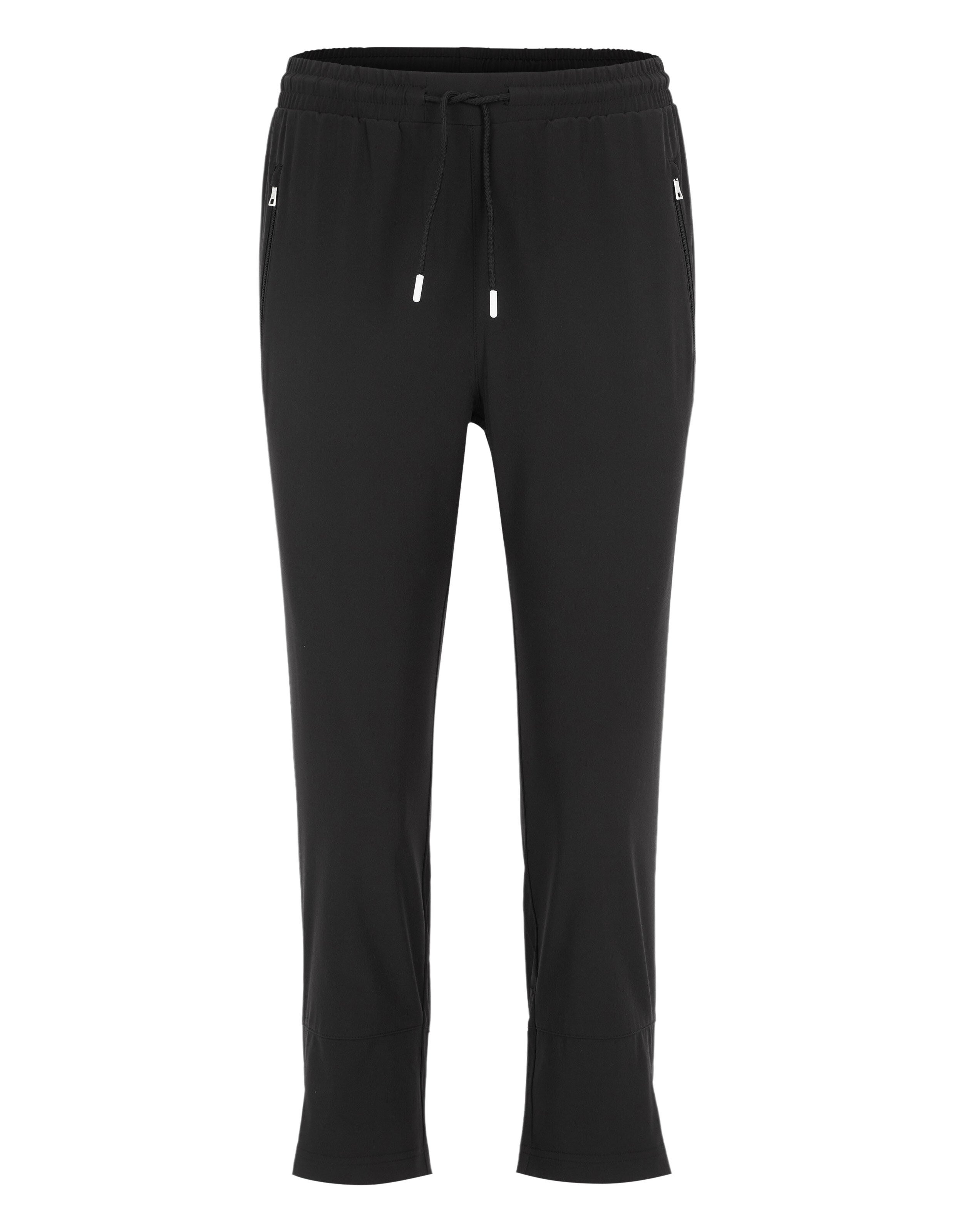 Schwarze Jogginghose mit elastischem Bund, Tunnelzug und seitlichen Reißverschlusstaschen vor weißem Hintergrund.