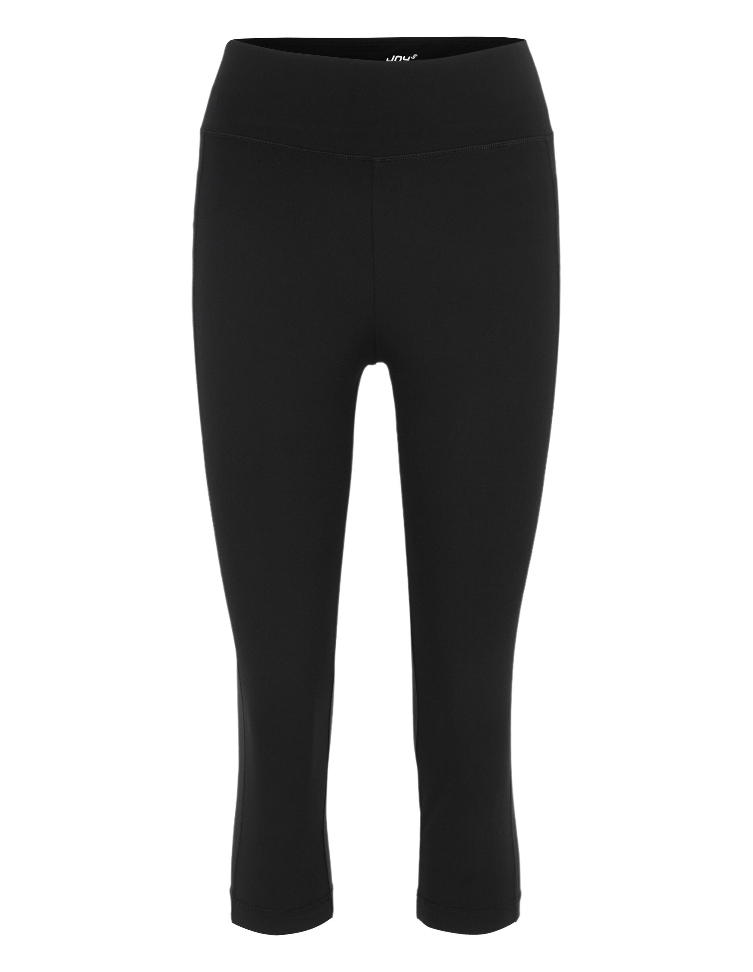 Schwarze dreiviertel Fitness-Leggings mit breitem Bund und nahtloser Optik, geeignet für Sport und Freizeitaktivitäten.