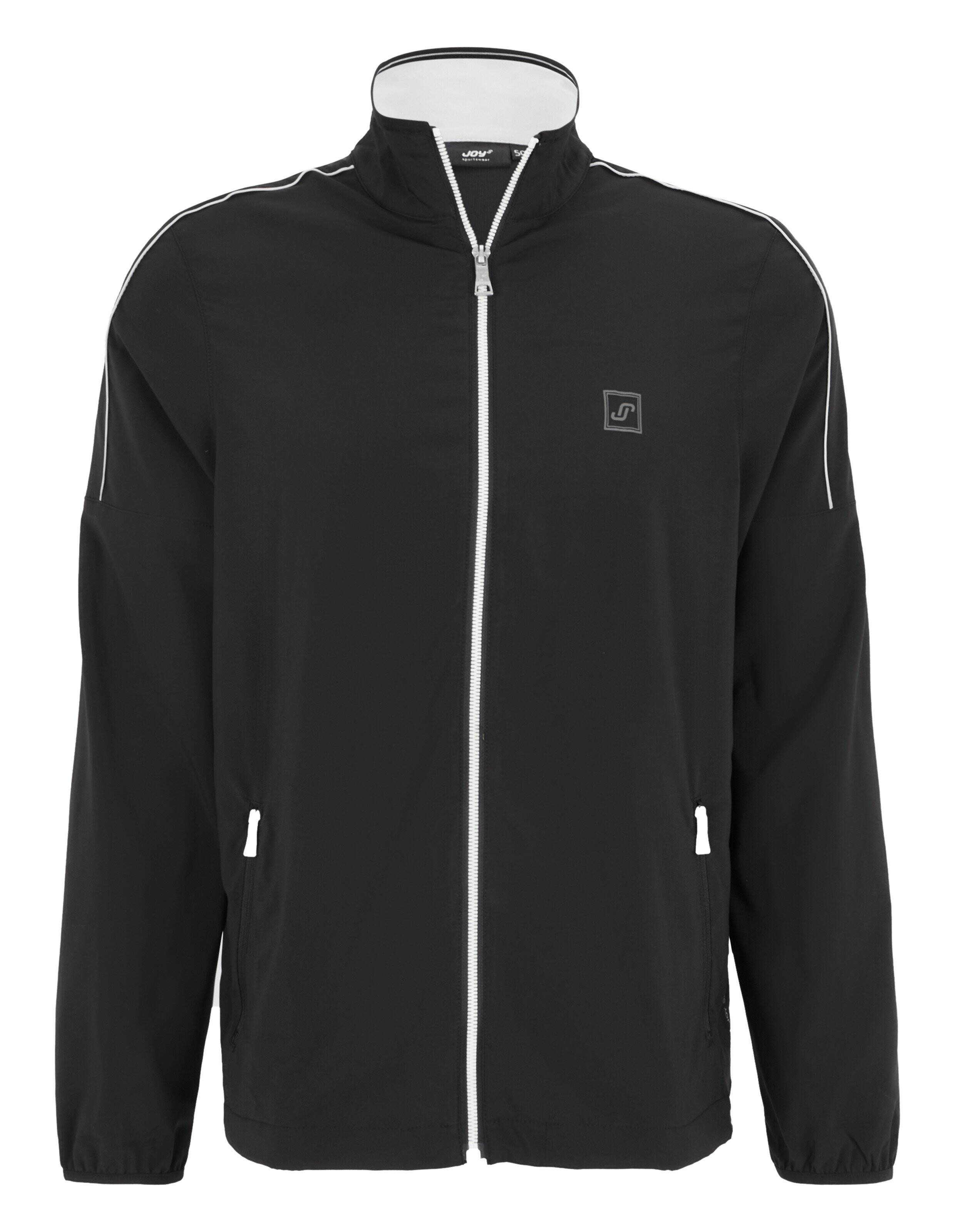 Eine schwarze Jacke mit weißem Reißverschluss und Paspeln, hohem Kragen und zwei Taschen mit Reißverschluss auf der Vorderseite.