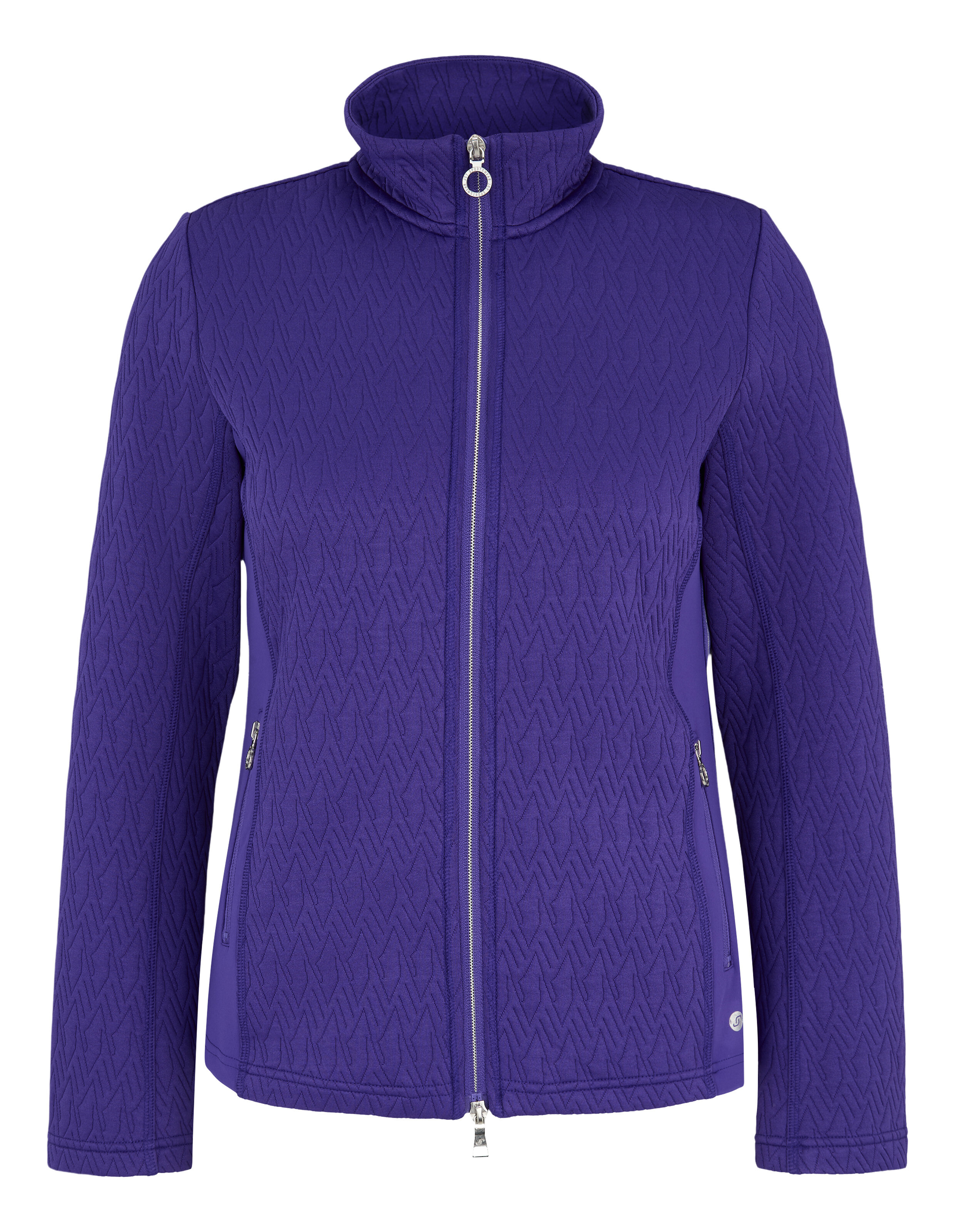 Lila Steppjacke mit durchgehendem Reißverschluss und einem auffälligen Rautenfellmuster.
