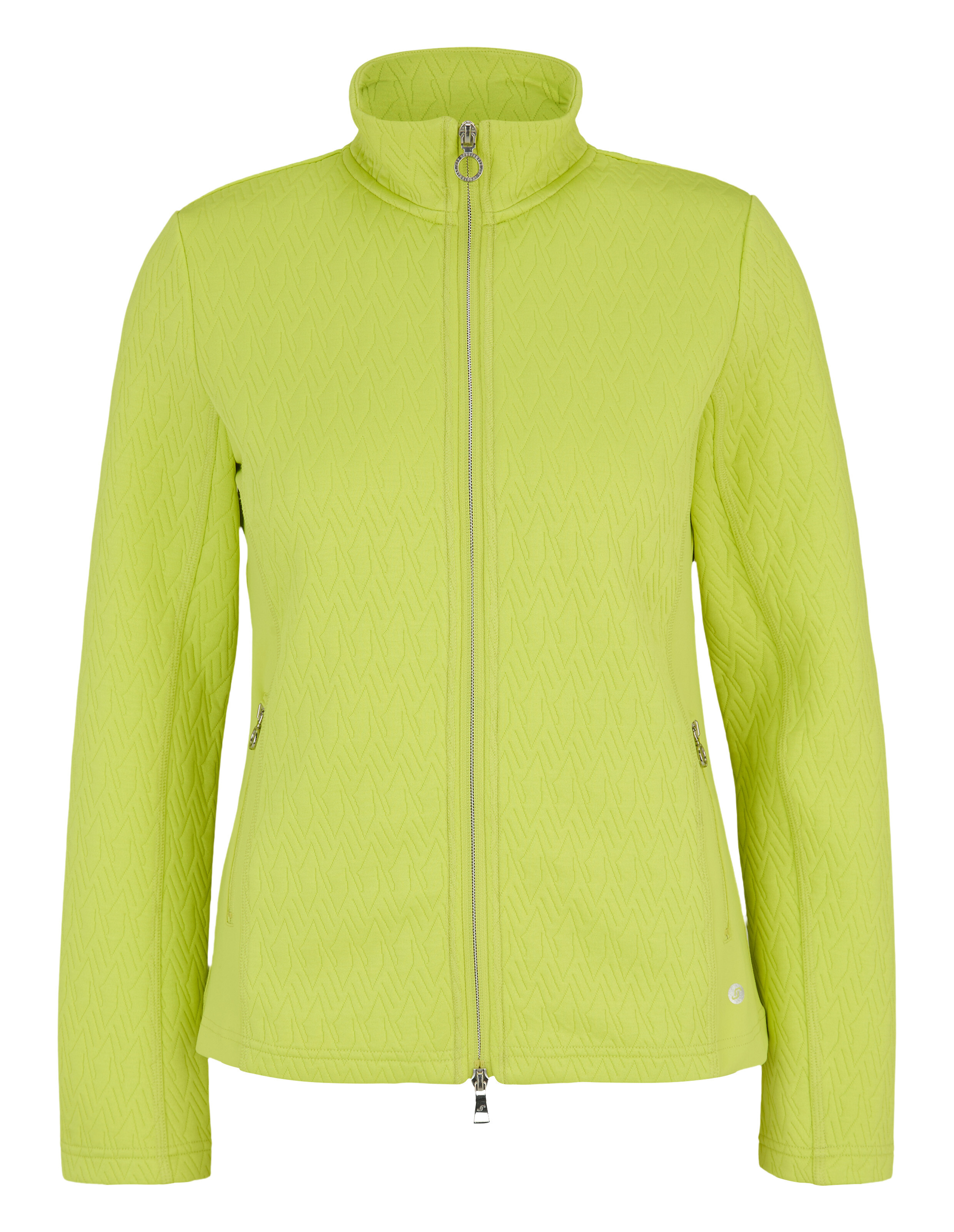 Eine leuchtend gelbgrüne Jacke mit Reißverschluss, Stehkragen und einem dezenten Rautenmuster.