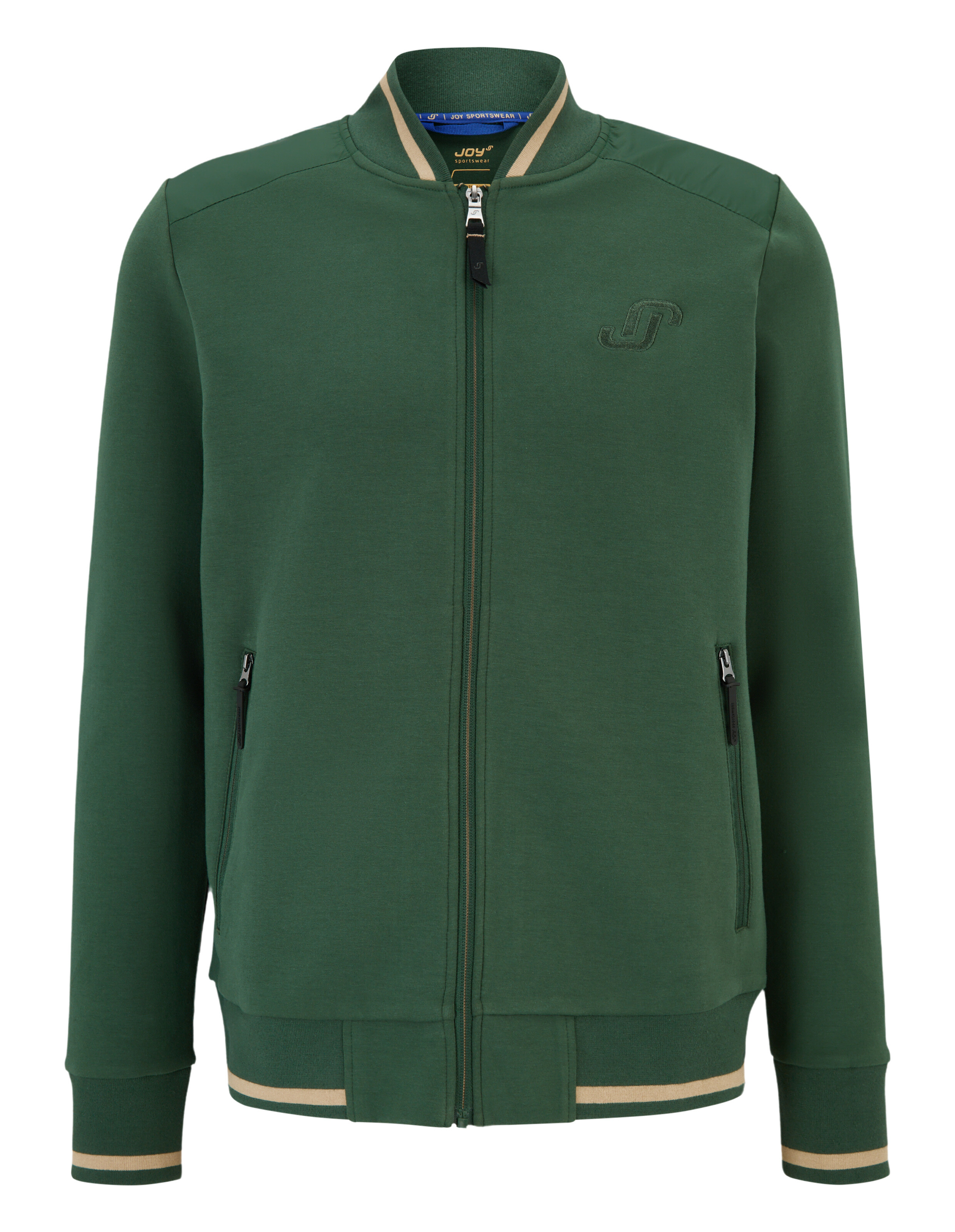 Grüne Jacke mit Reißverschluss, geripptem Kragen und Manschetten mit beigen Streifen, zwei Reißverschlusstaschen vorne.