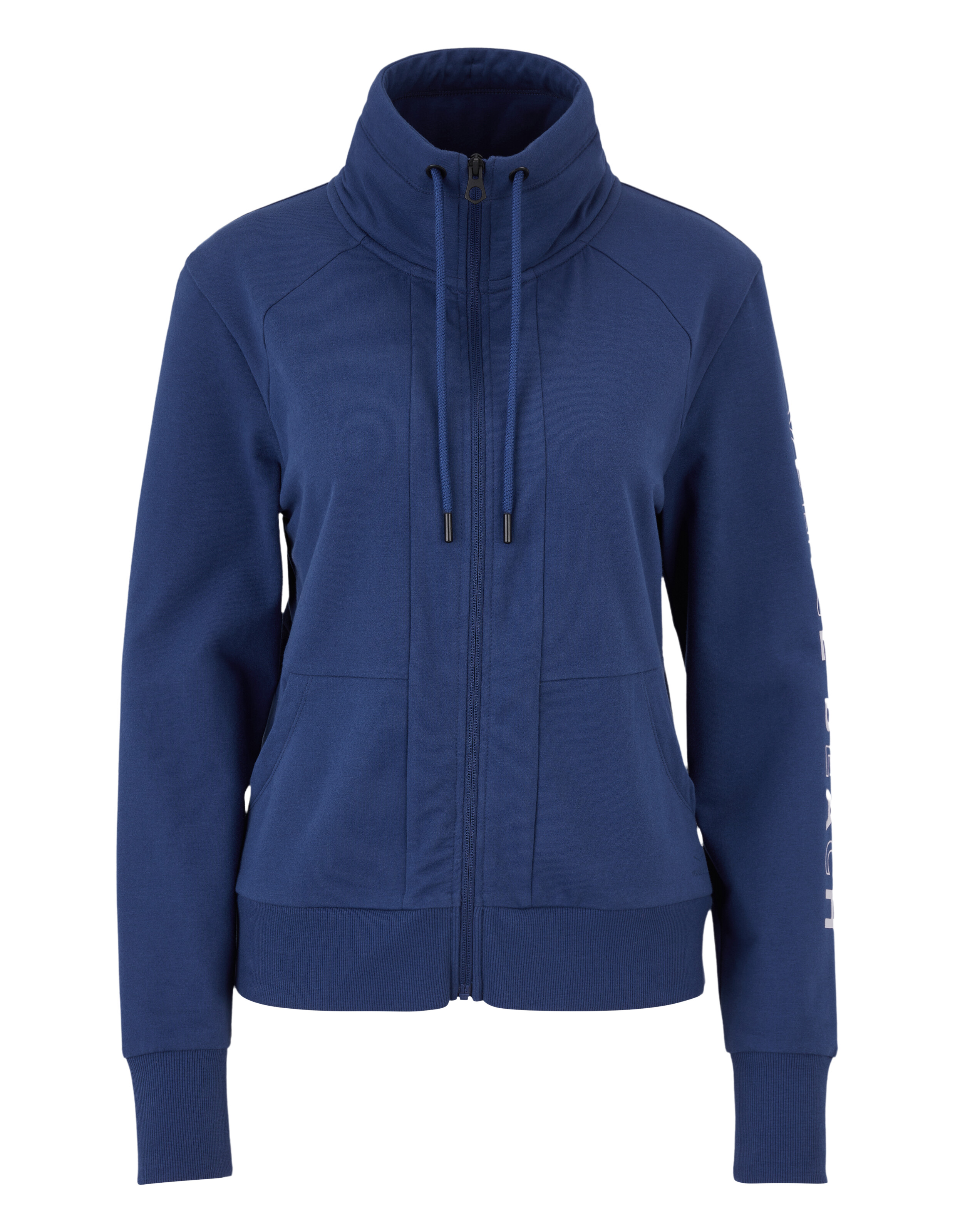 Blaues ELBSAND-Sweatshirt mit Reißverschluss, hohem Kragen und Kordelzug für gemütliche Freizeitkleidung.