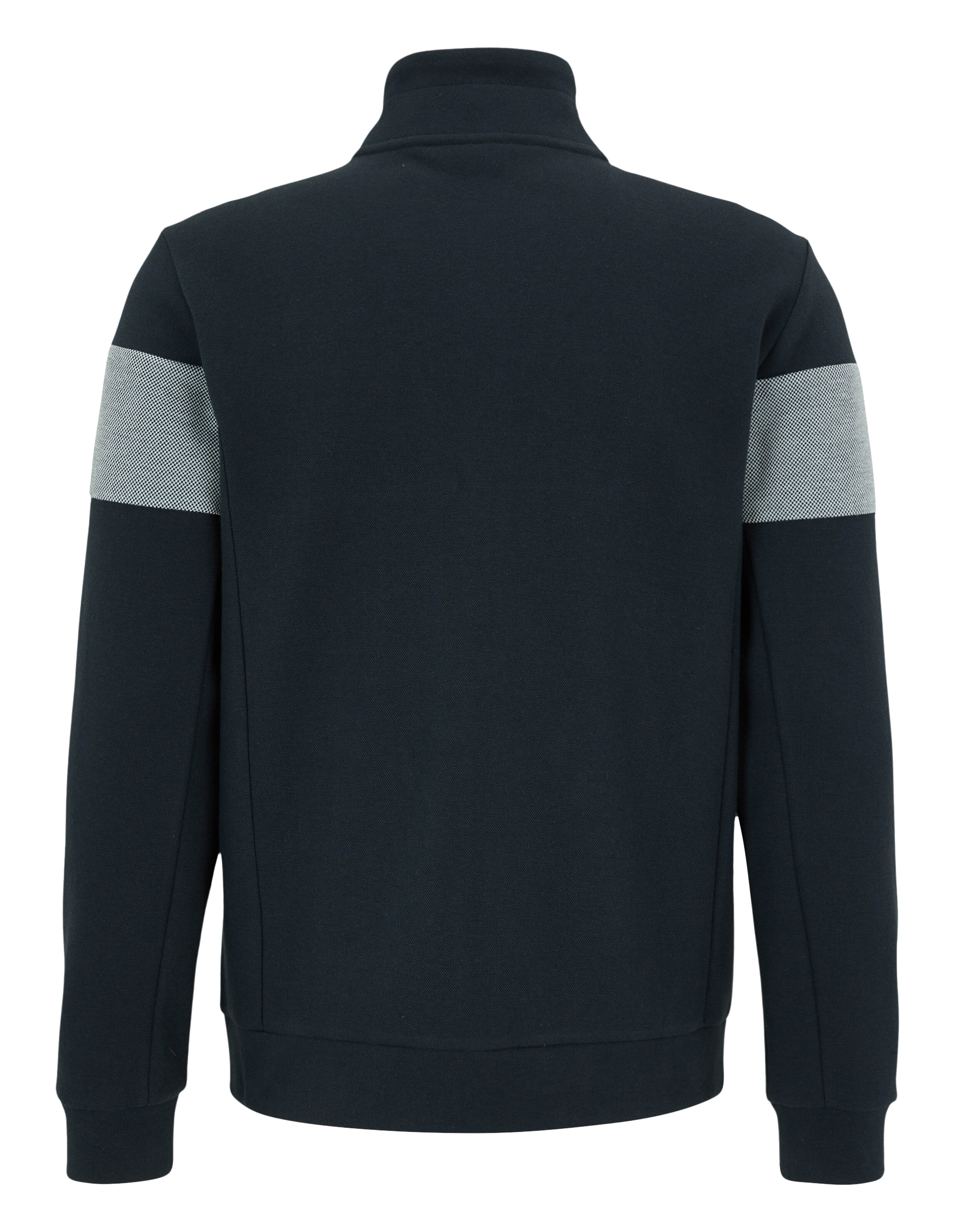 Rückansicht eines marineblauen Freizeit-Sweatshirts mit grauen Akzenten.