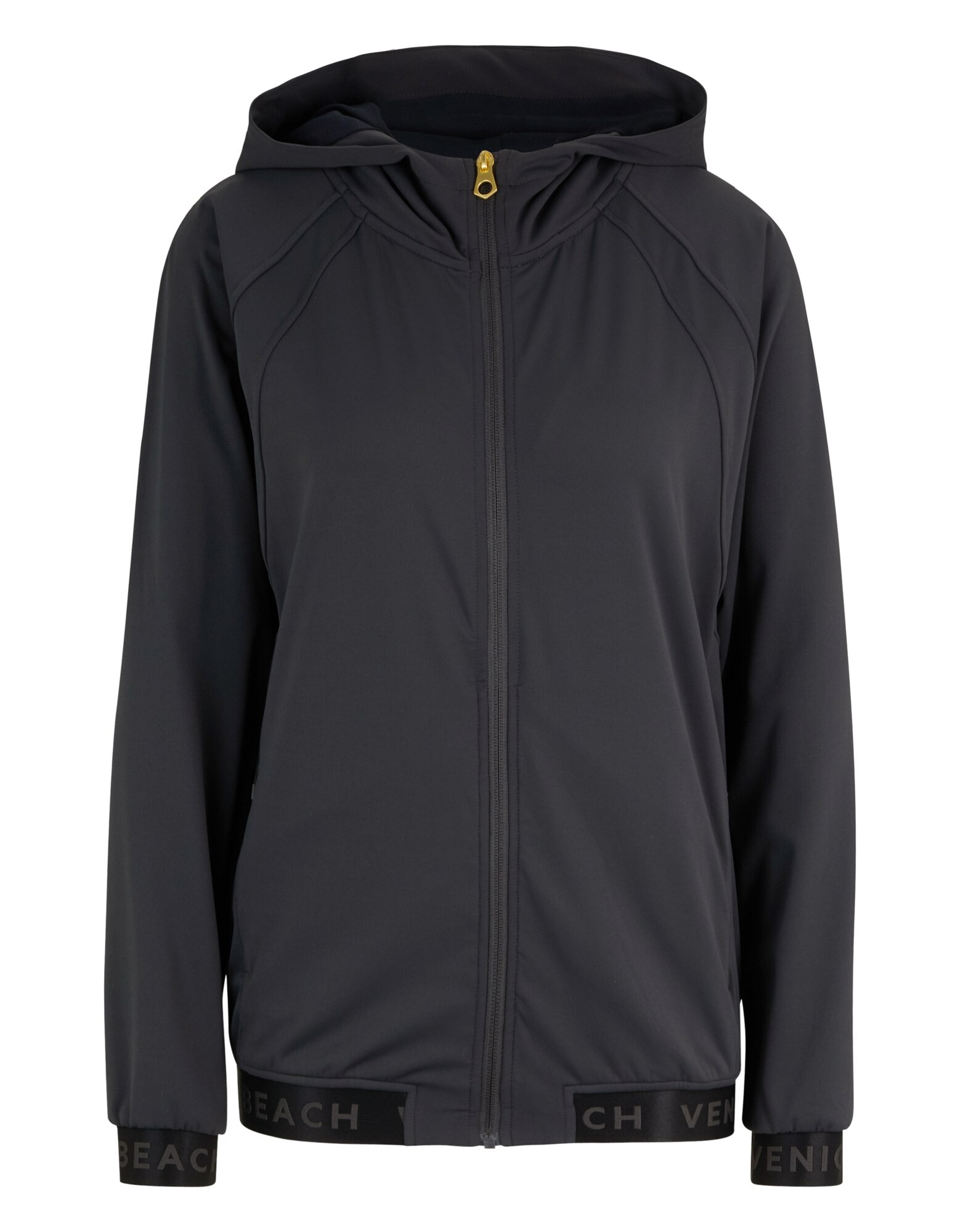 Dunkelgrauer Kapuzenpullover mit Reißverschluss, Kapuze und Markenbündchen für Freizeitkleidung.