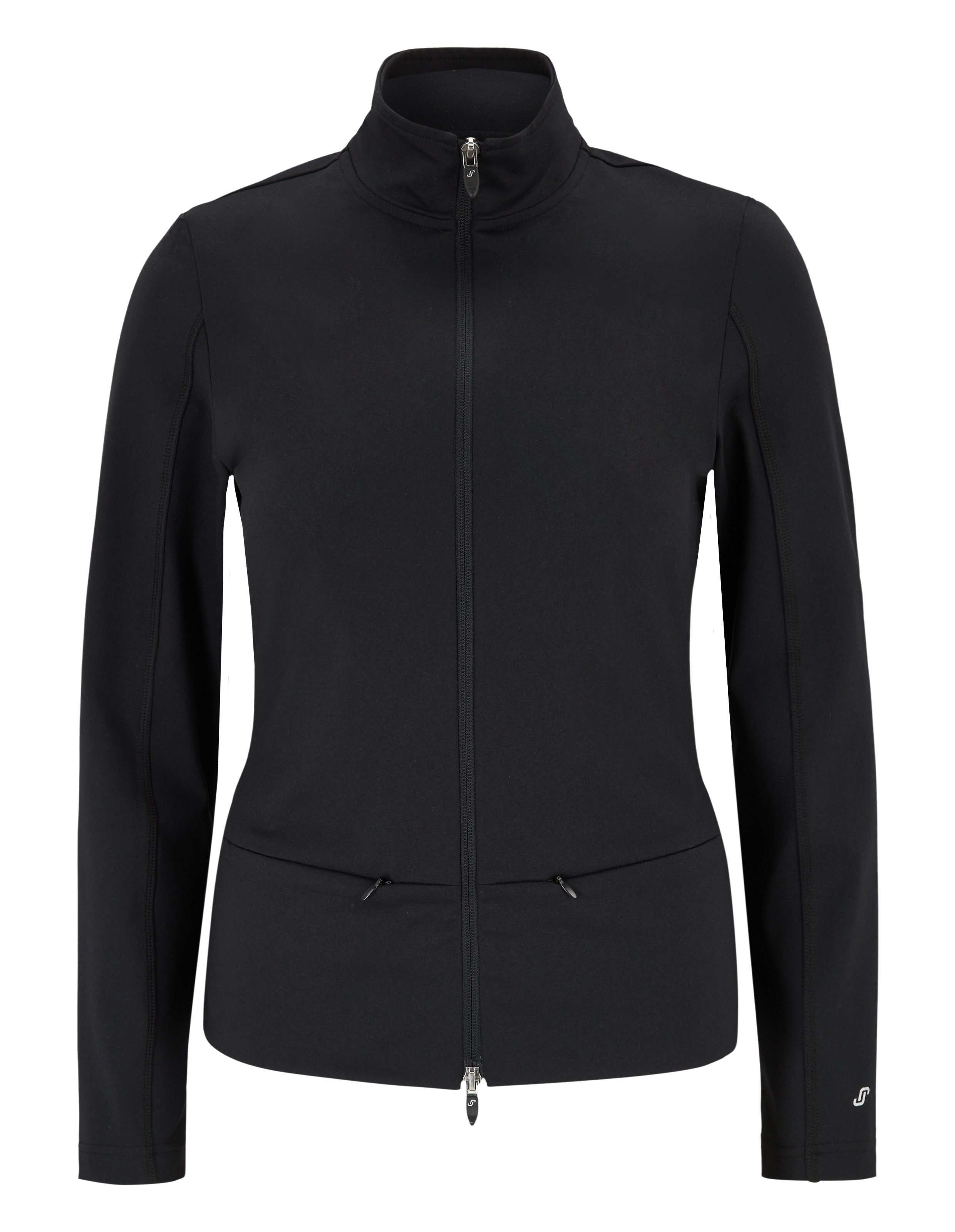 Schwarze Jacke mit durchgehendem Reißverschluss, Stehkragen und langen Ärmeln, schlichtes Design ohne sichtbare Verzierungen.