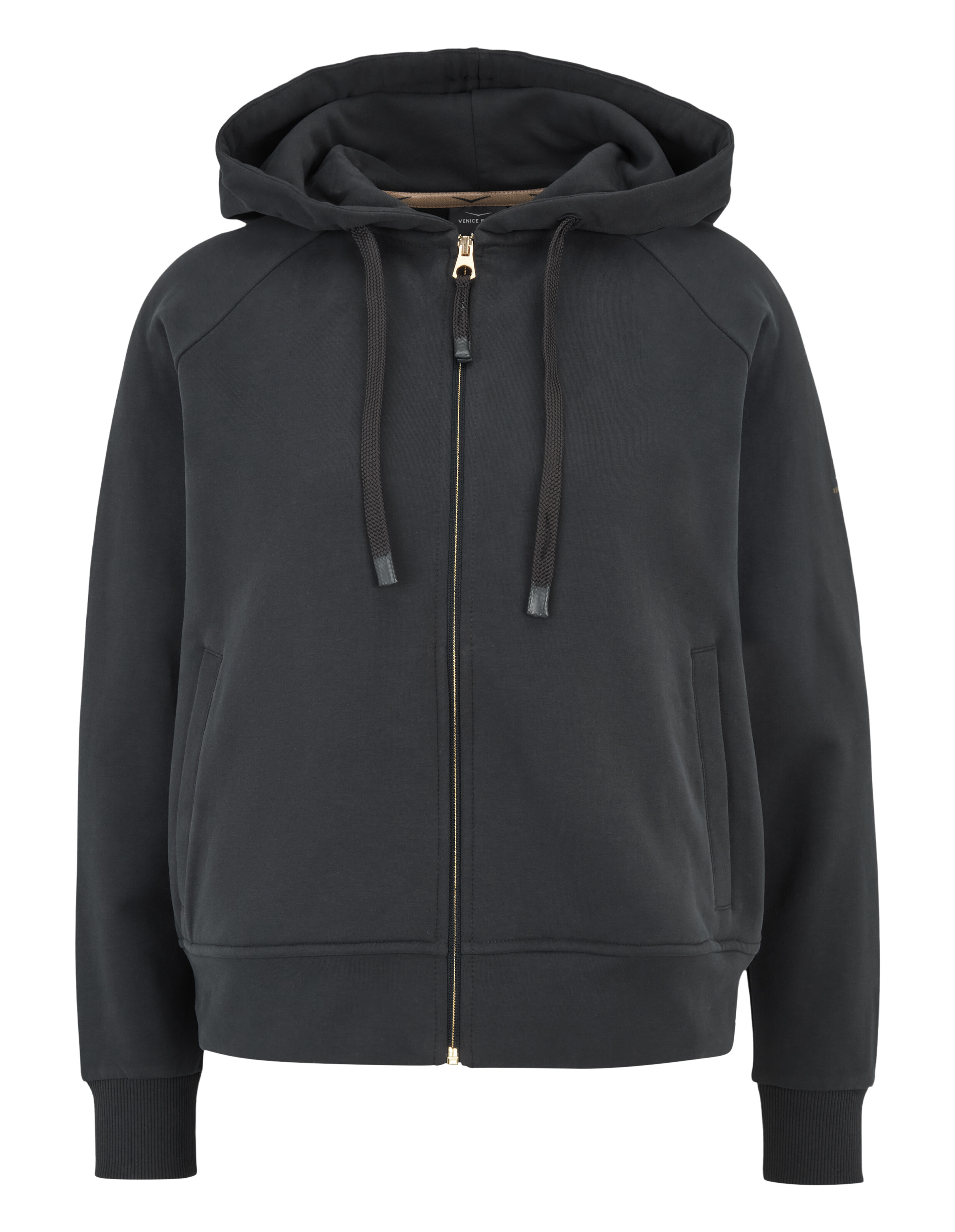 Gemütlicher schwarzer Kapuzenpullover mit Reißverschluss, Kapuze und Vordertaschen für Freizeitkleidung.