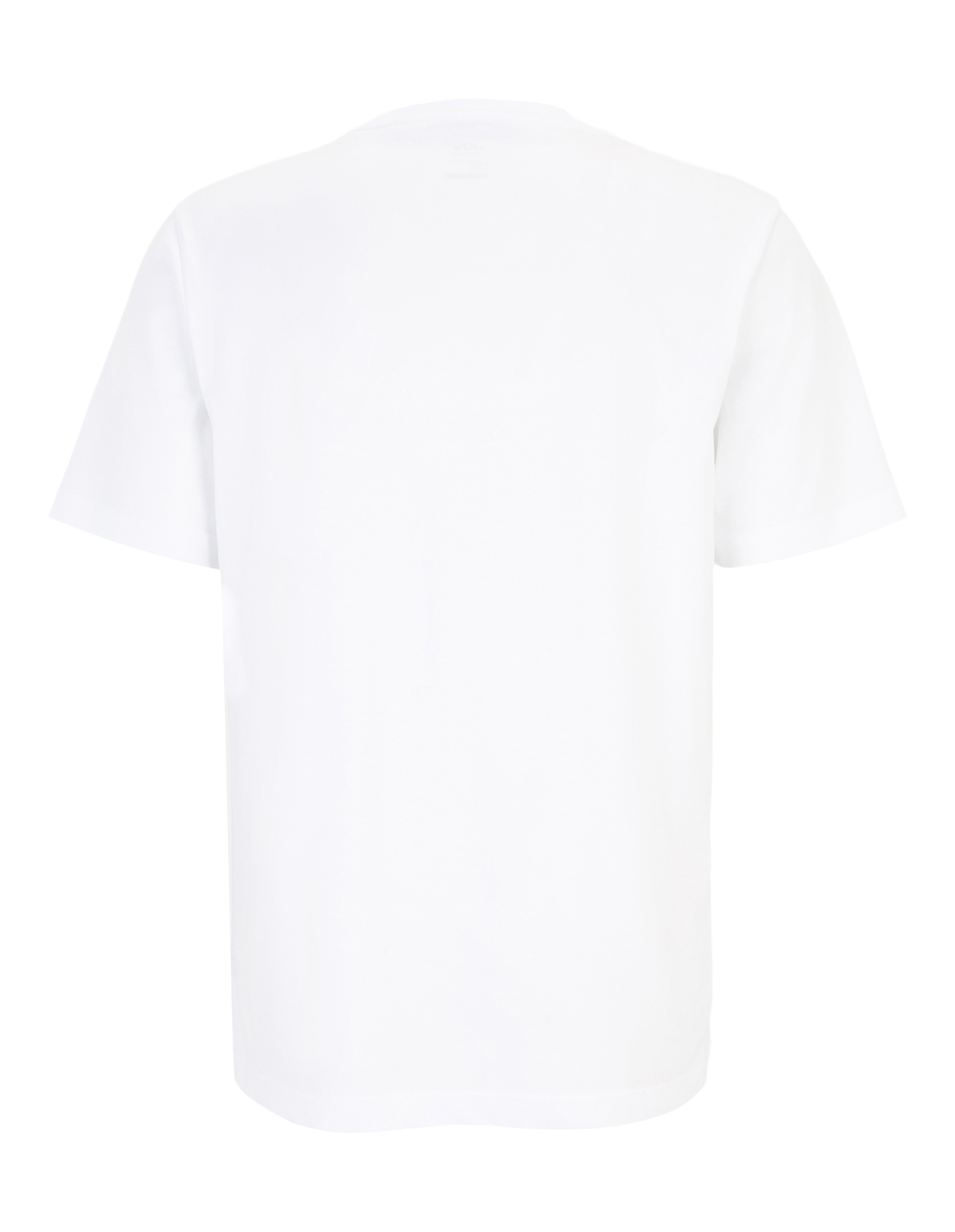 Rückansicht eines schlichten, weißen T-Shirts mit kurzen Ärmeln aus leichtem Stoff, ohne sichtbare Muster oder Aufdrucke.