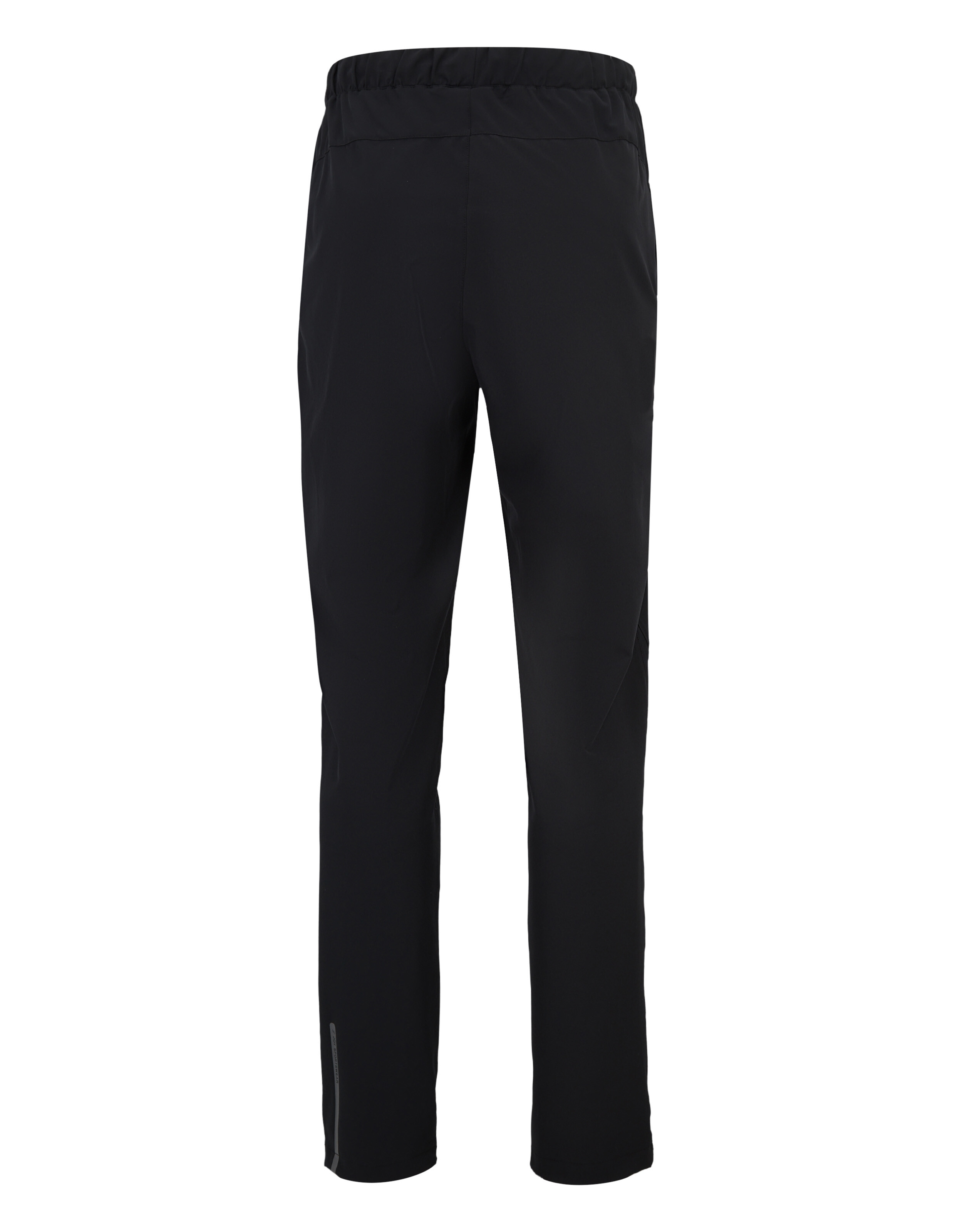 Schwarze, gerade geschnittene Hose mit elastischem Bund und schmalem Reflektorstreifen am Bein.