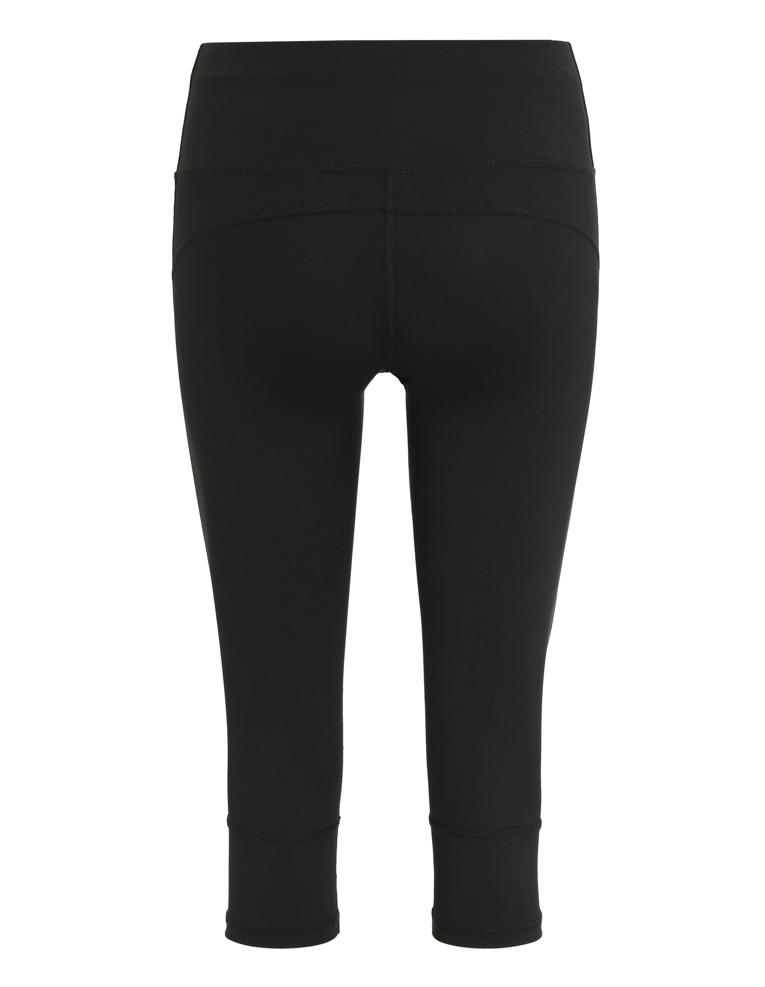 Rückansicht einer schwarzen, verkürzten Leggings mit hohem Bund für lässigen Komfort.