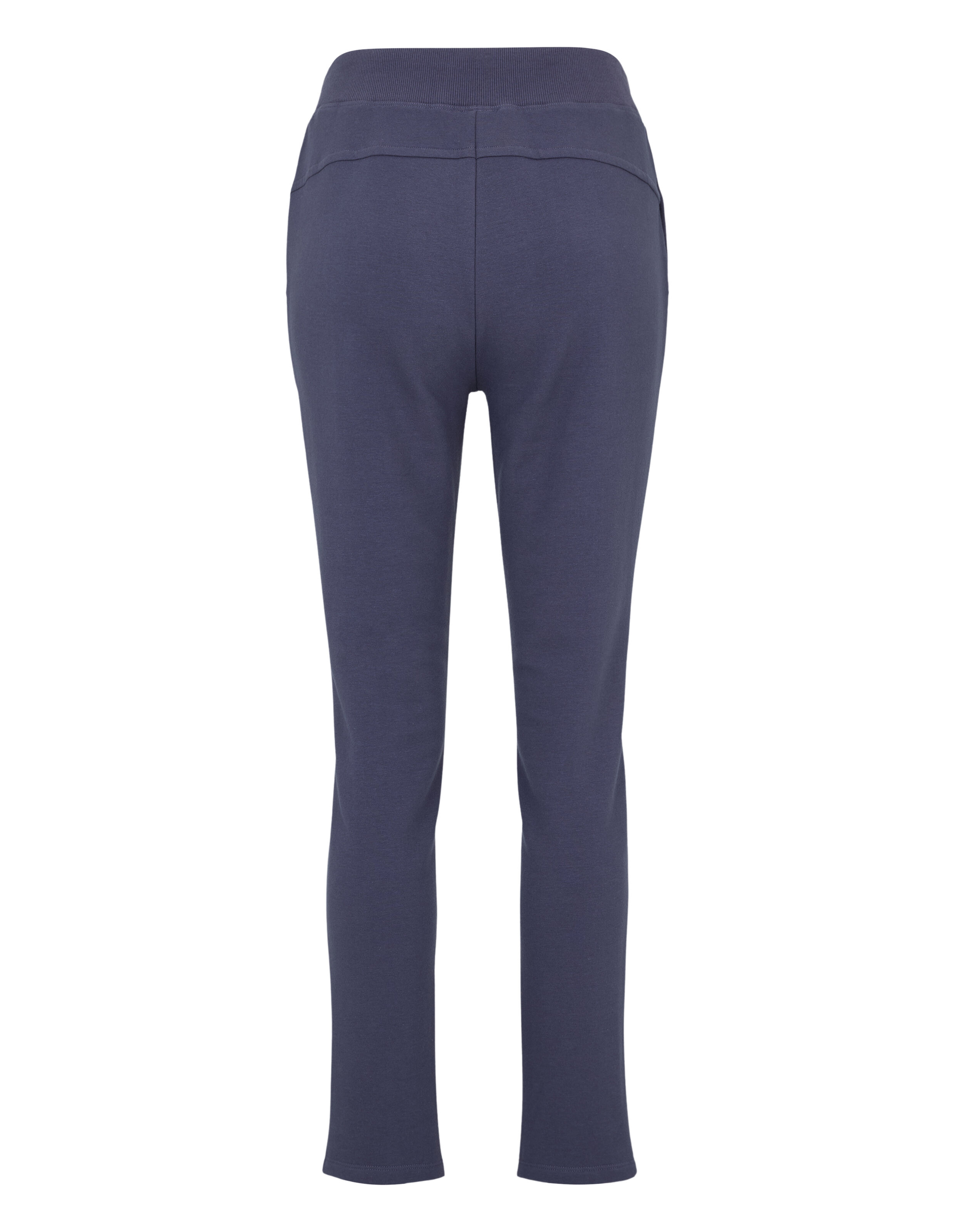 Rückansicht einer marineblauen, bequemen Freizeithose mit tailliertem Design.