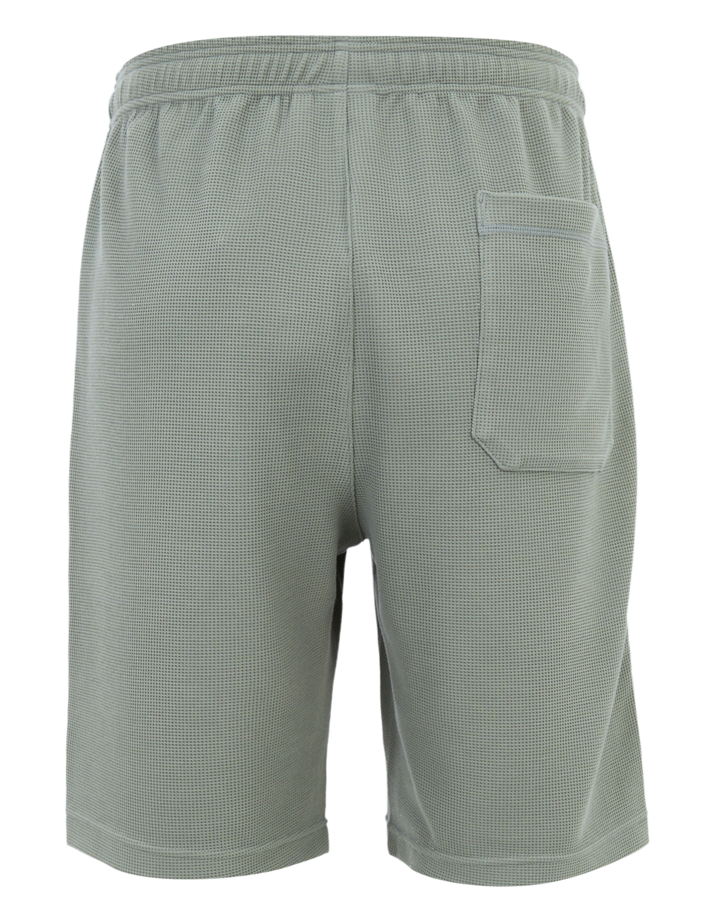 Graue, knielange Shorts mit elastischem Bund und einer großen, aufgesetzten Tasche hinten, aus strukturiertem Stoff.