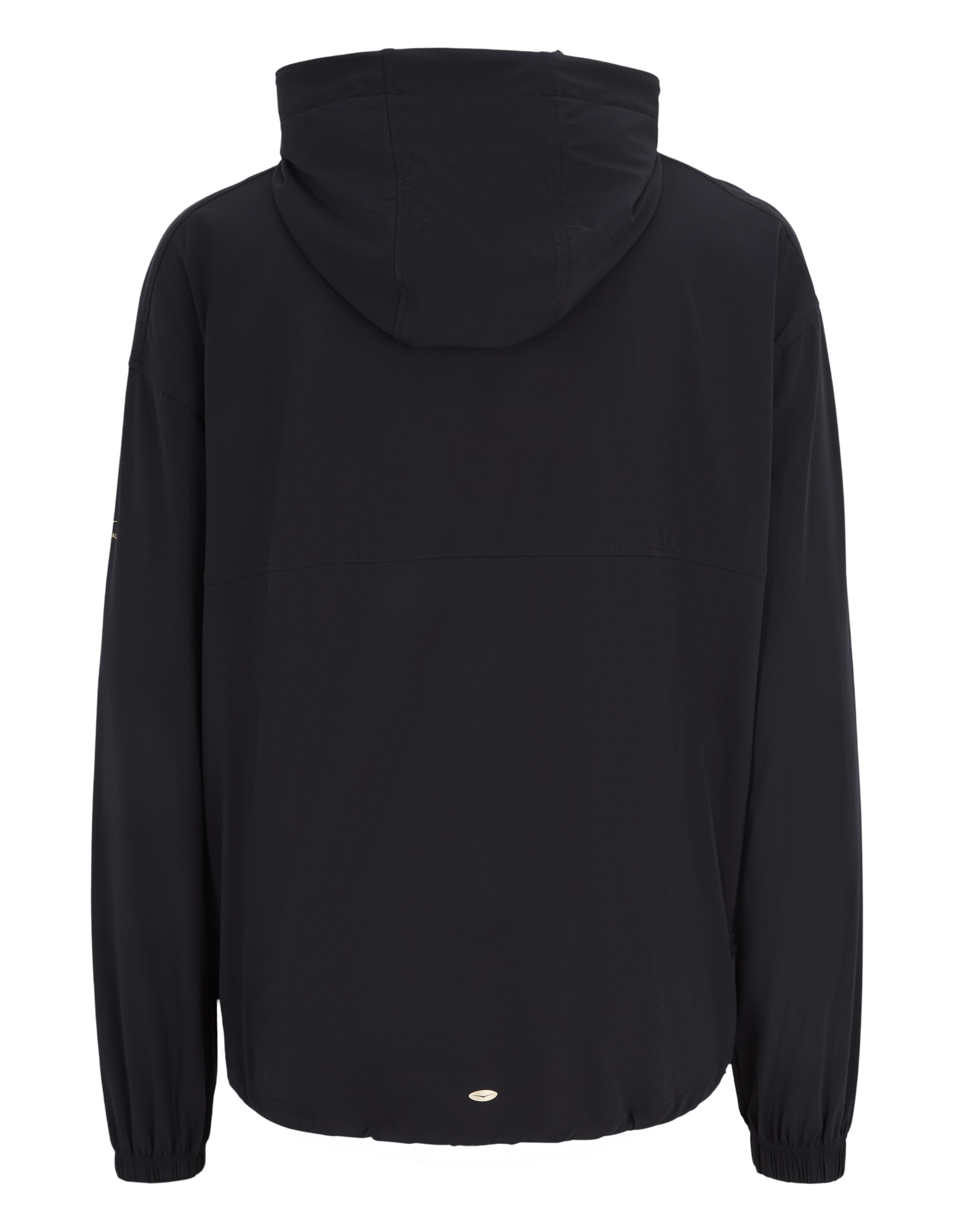 Rückansicht einer schwarzen Freizeitjacke mit Kapuze und elastischen Bündchen.