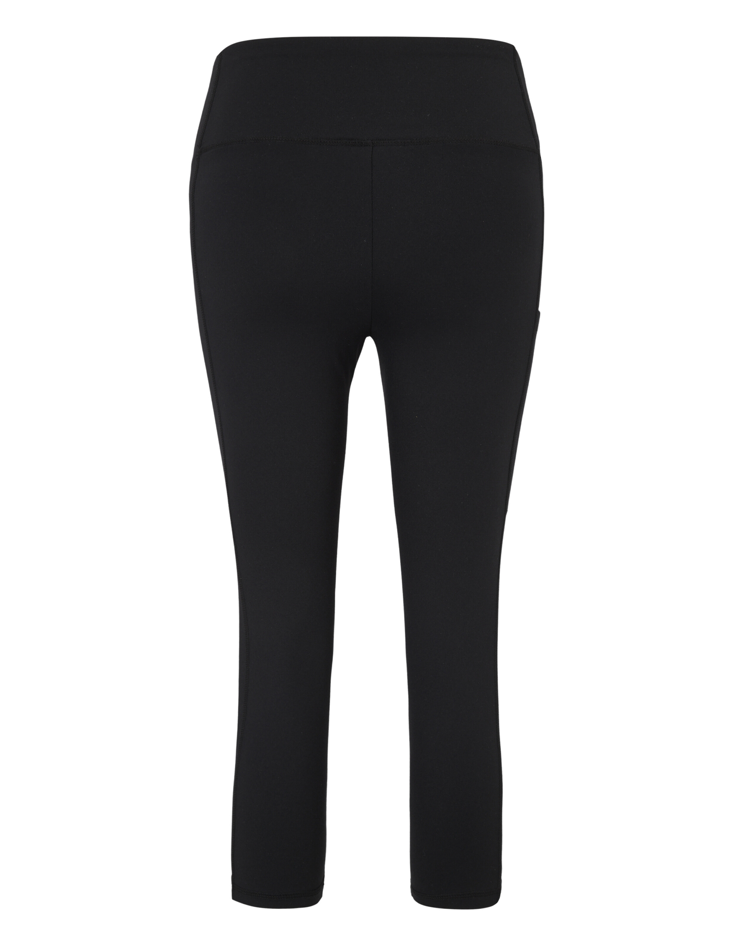 Dreiviertellange, schwarze Leggings mit hohem Bund, aus glattem, elastischem Material, ohne sichtbare Logos oder Muster.